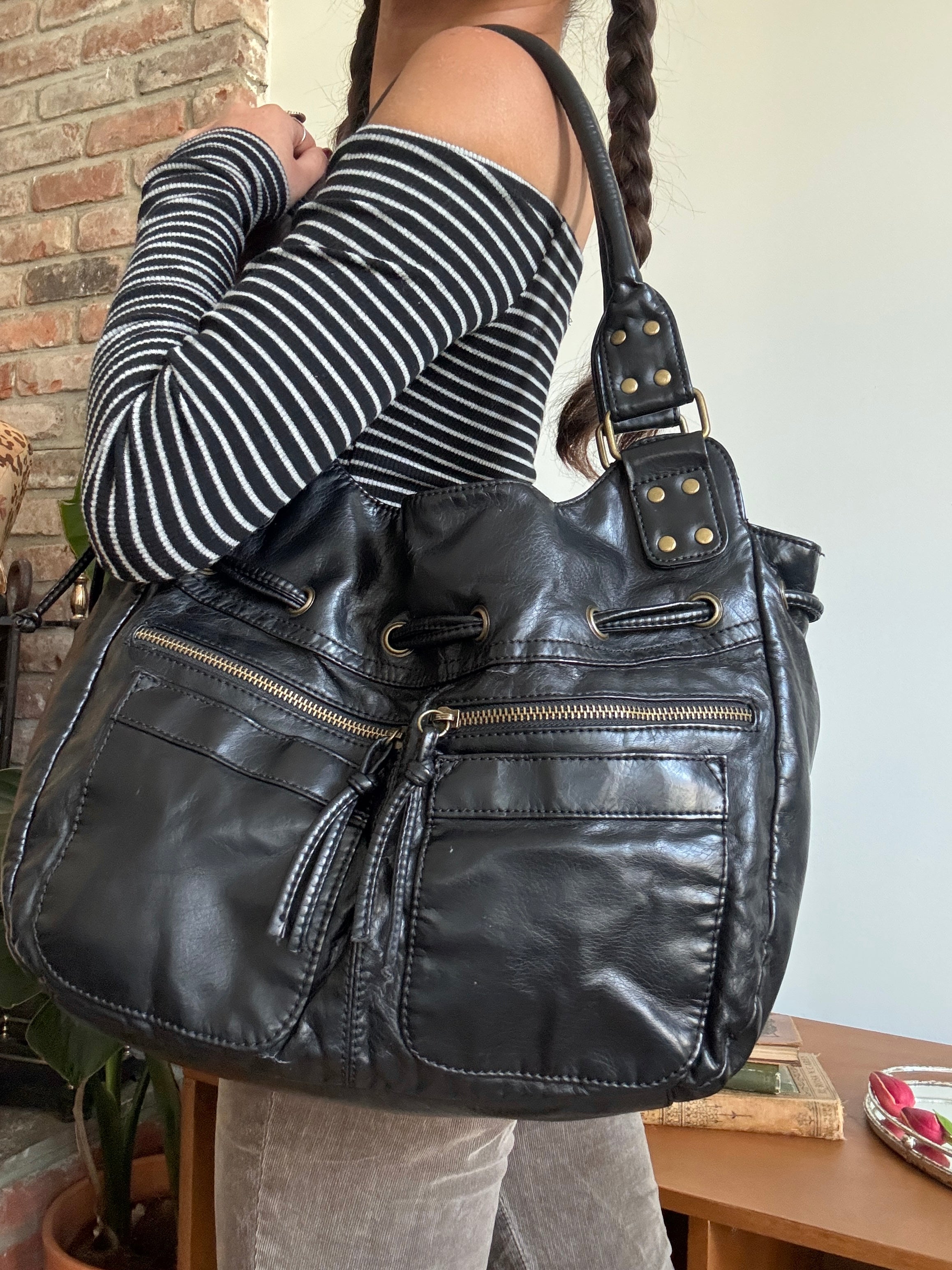 Vintage 90s Studded Black Drawstring Shoulder Bag