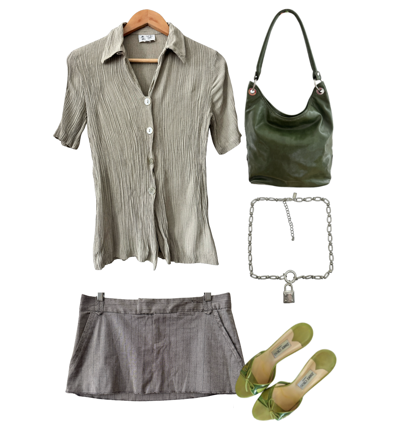 Vintage Y2K Taupe Crinkle Button-Up Top (M)