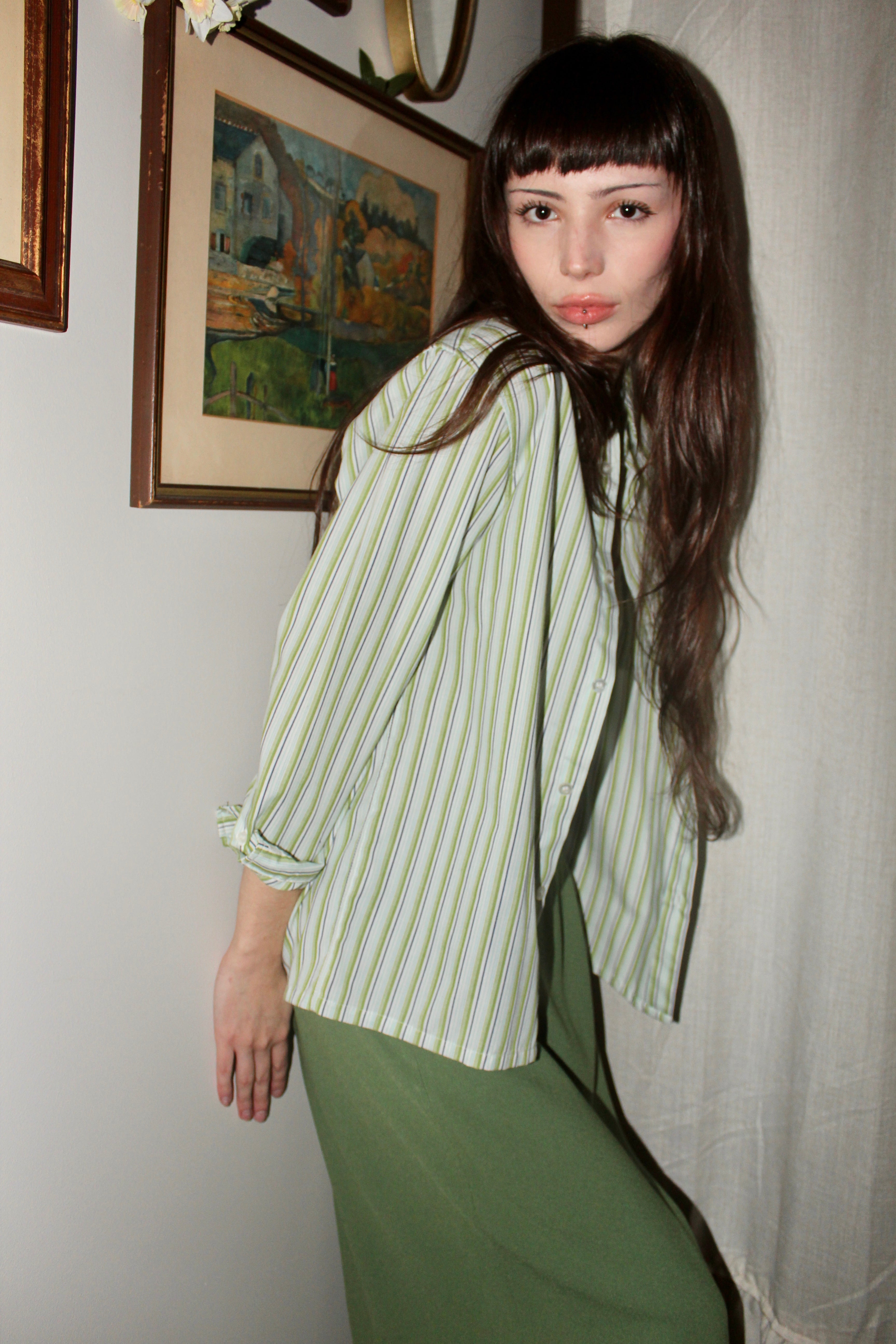 Vintage 90s Green White Striped Button Up (M)