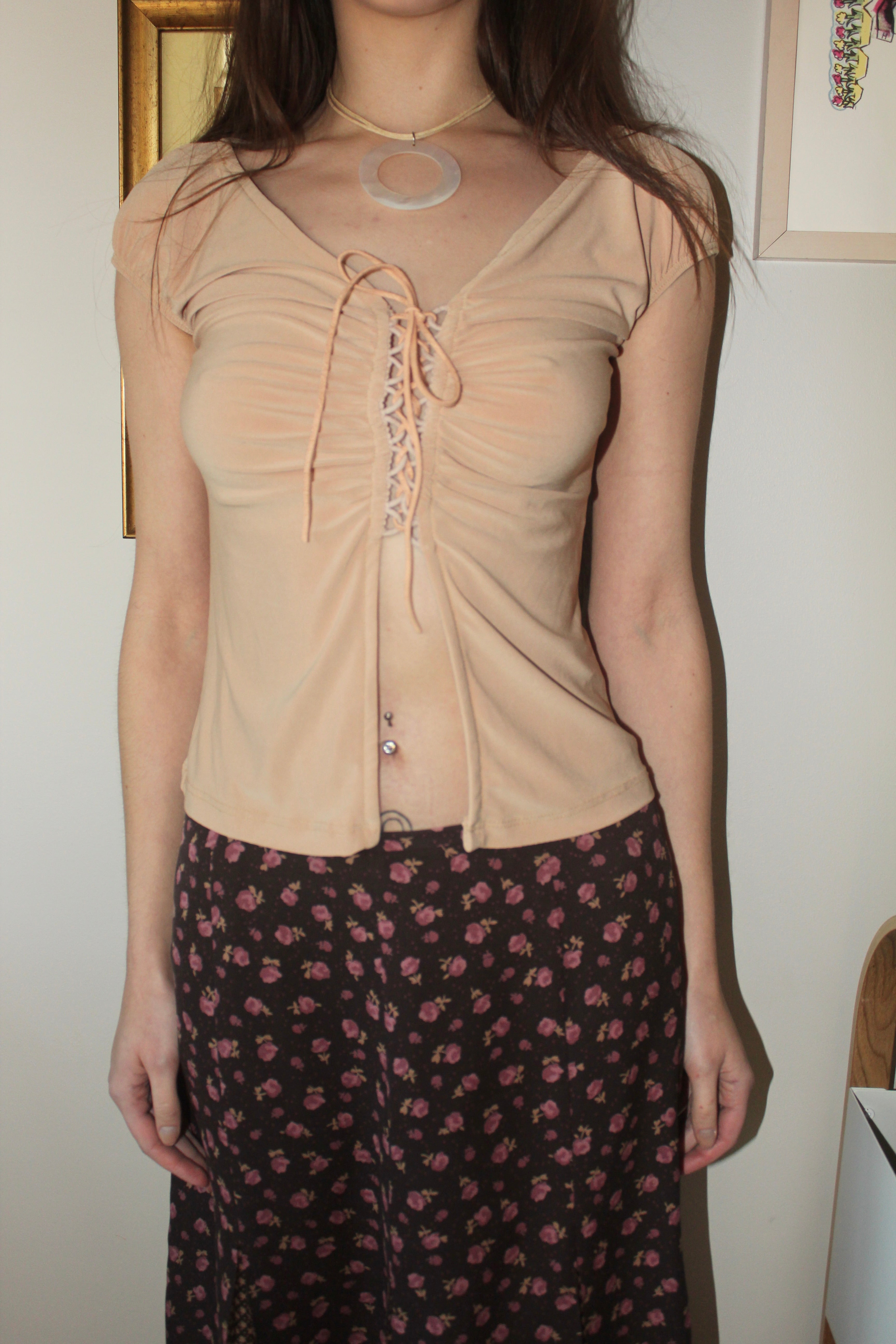 Vintage 90s Tan Lace Up Split Front Top (S)