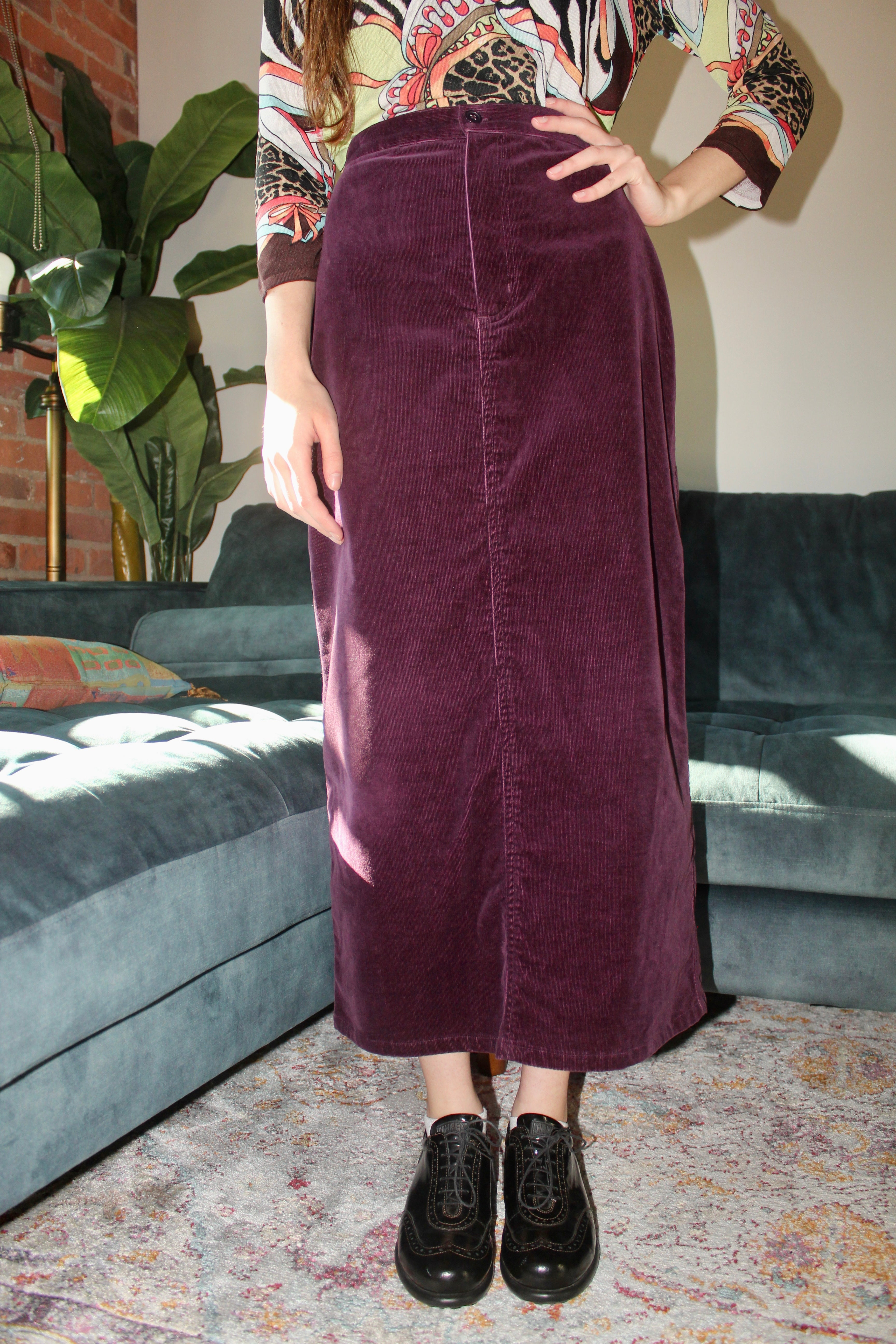 Vintage 90s Grape Corduroy Midi Skirt