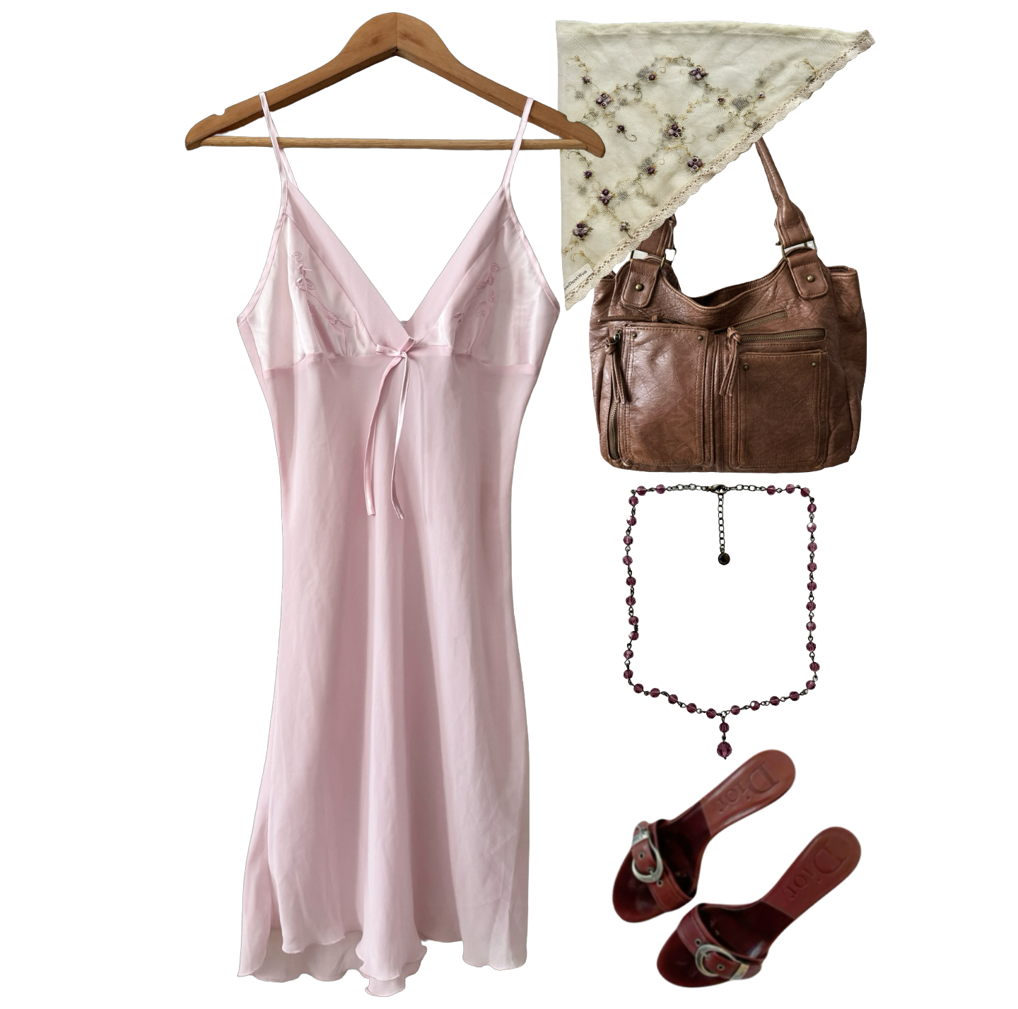 Vintage 90s Bed of Roses Blush Embroidered Tie Slip Dress (S/M)