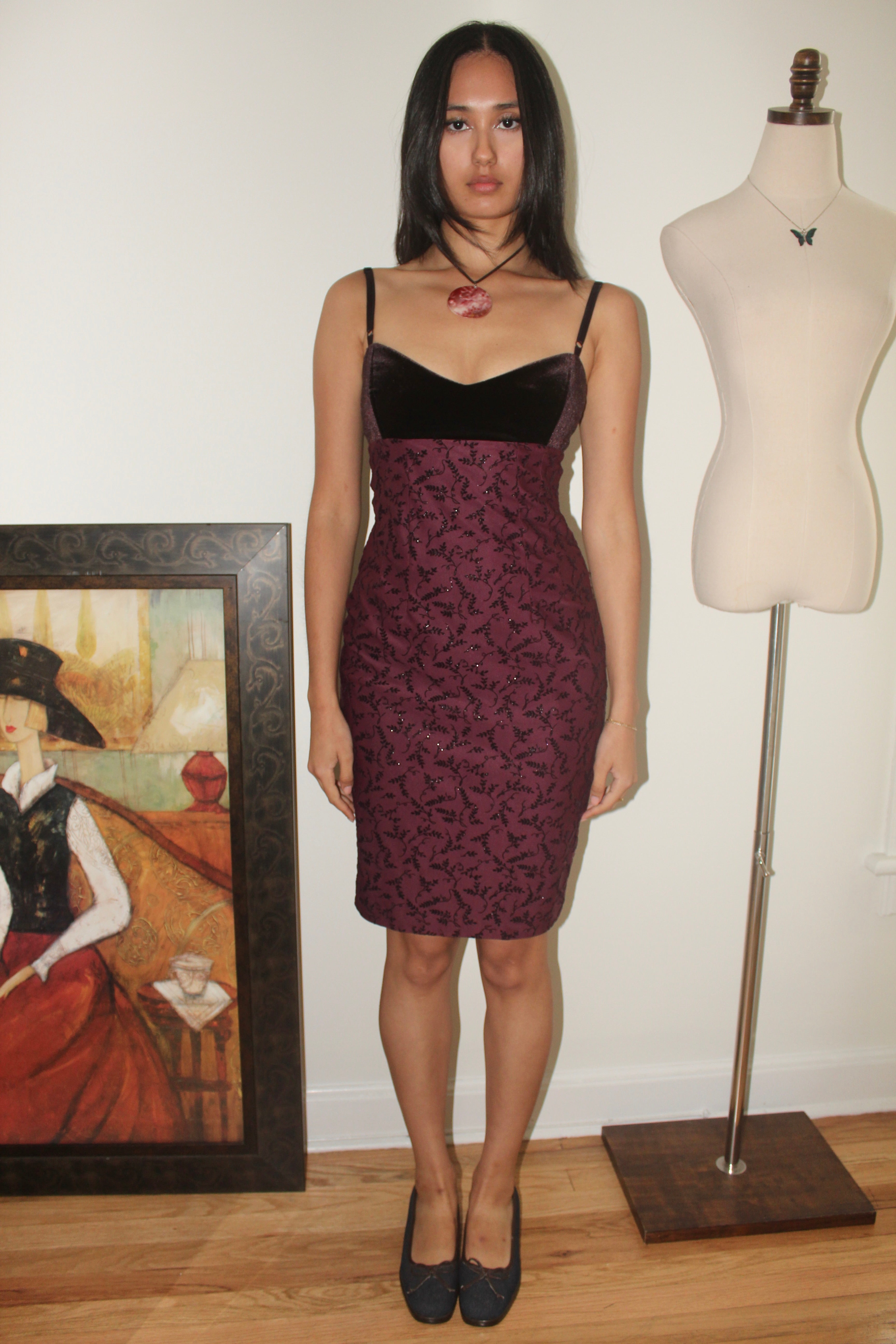 Vintage 90s Velvet Burgundy Fitted Midi Dress (XS)