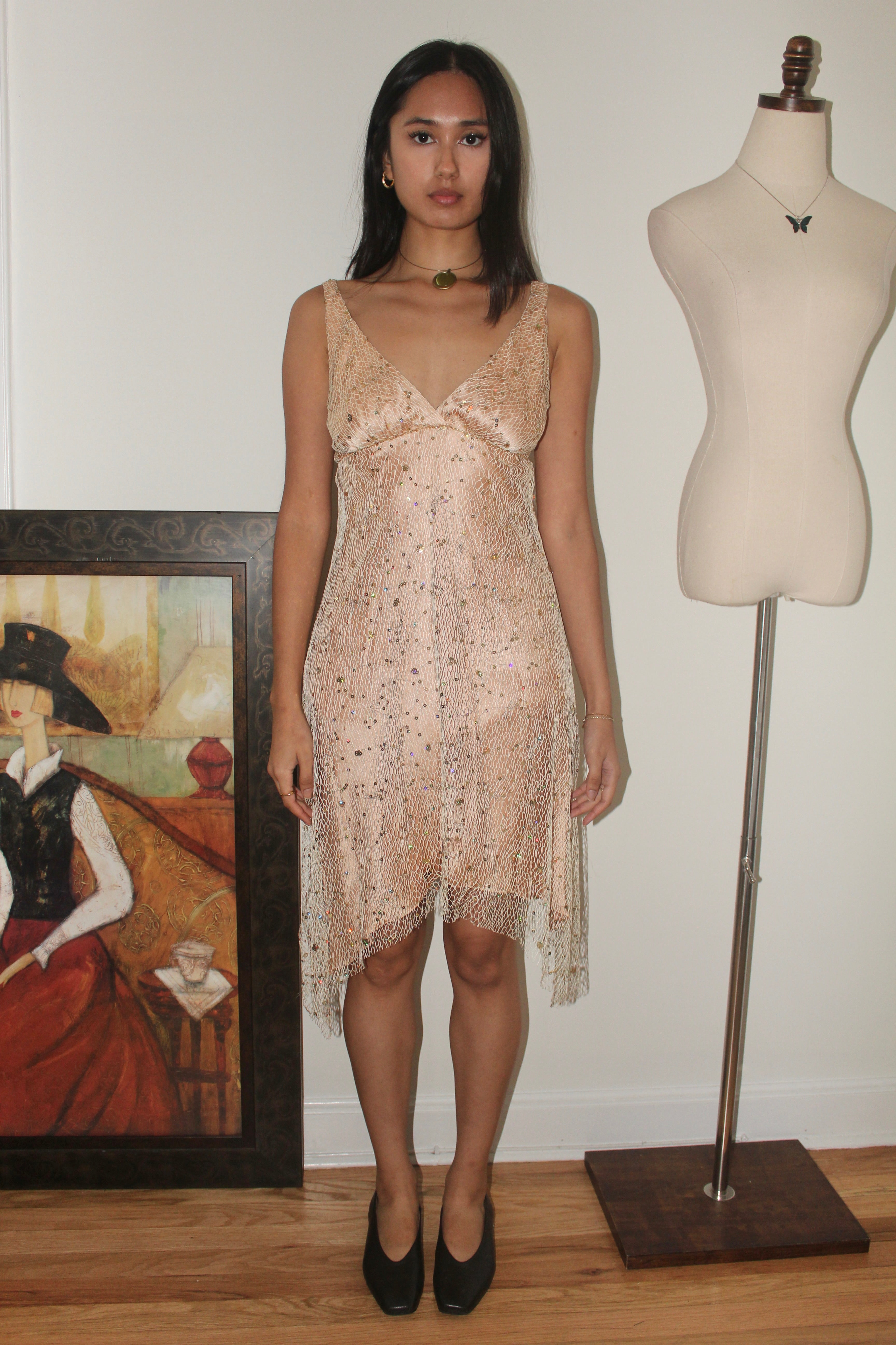 Vintage 90s Silk Beaded Midi Slip Dress (S)