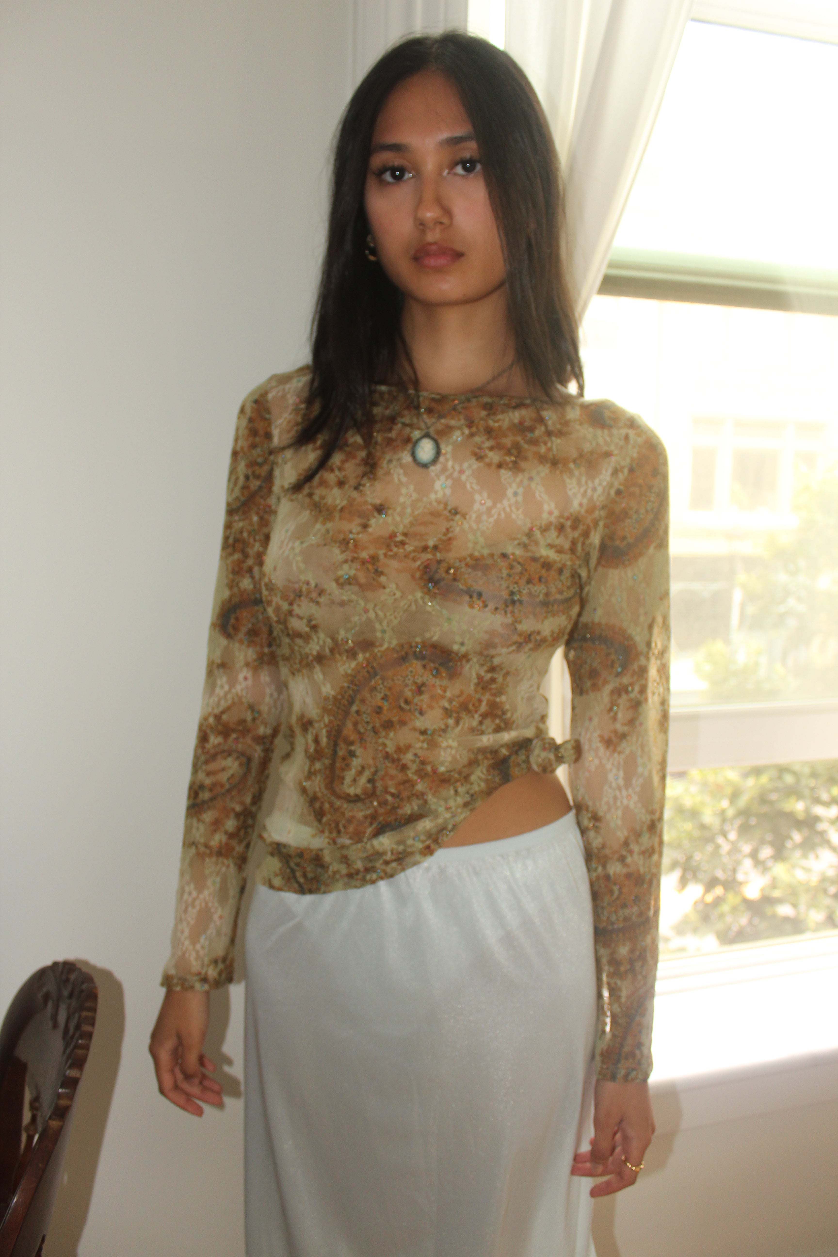 Vintage 90s Semi Sheer Gauzy Long Sleeve Top (M)