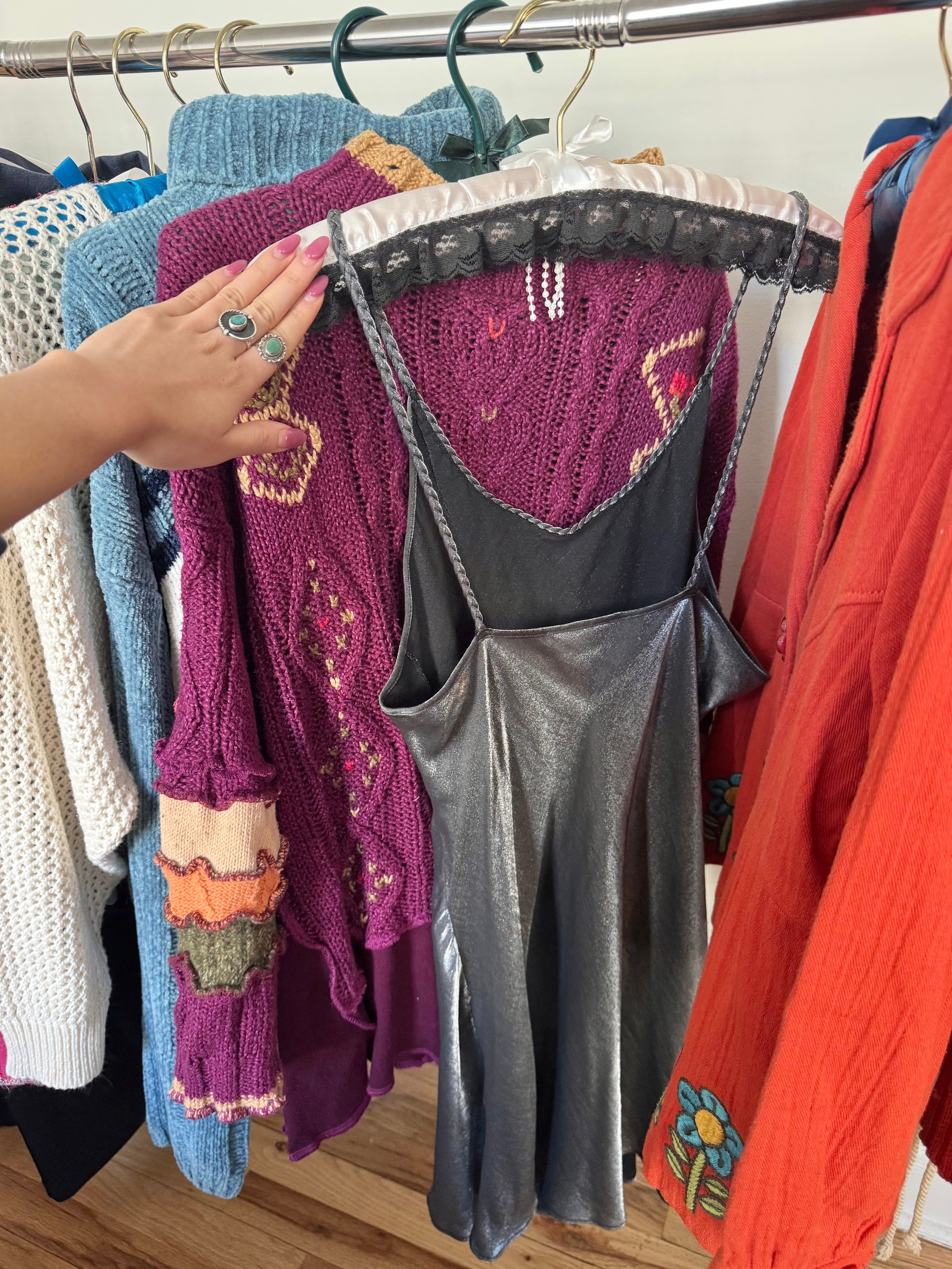 Vintage Silver Liquid Slip Dress w Braided Straps (M)