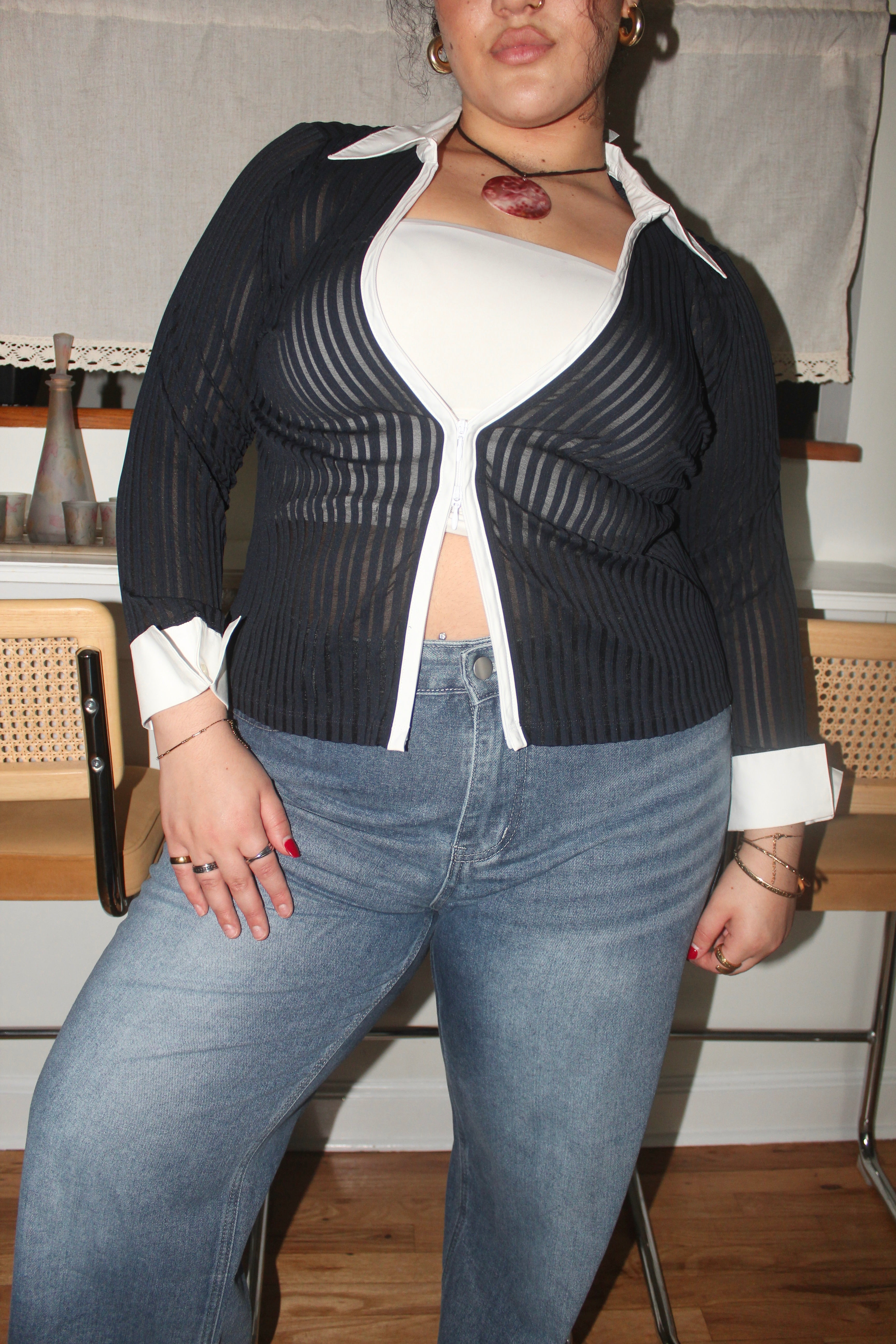 Vintage Y2K Sheer Pinstripe Zip Top (L)
