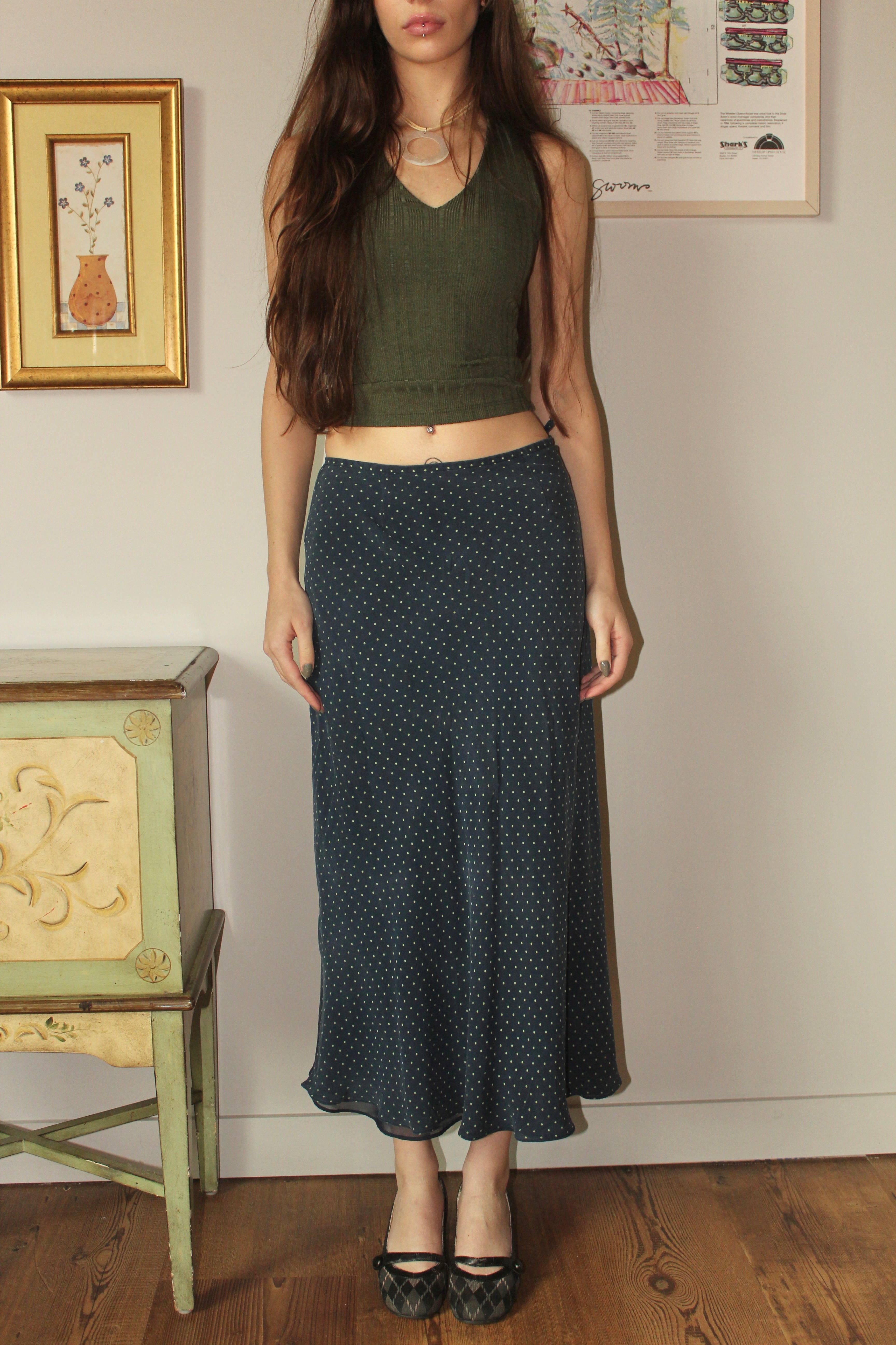 Vintage 90s Silk Dotted MIdi Skirt (S)