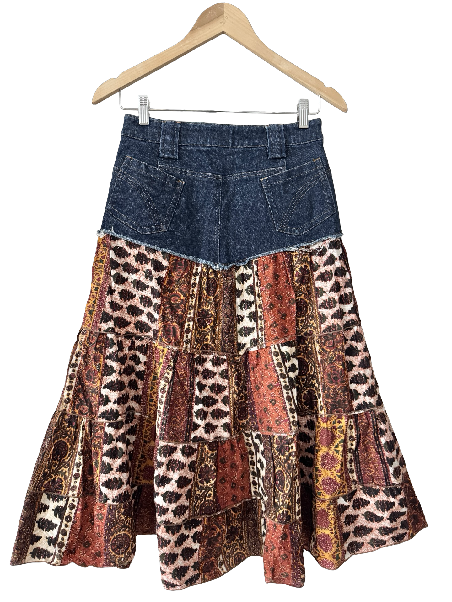 Vintage Y2K Patchwork Denim Midi Skirt (XS)