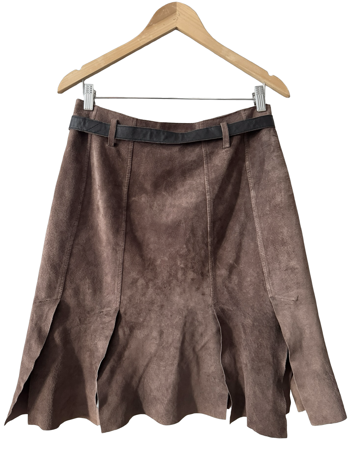 Vintage Y2K French Cocoa Suede Effect Belted Midi Skirt (S)
