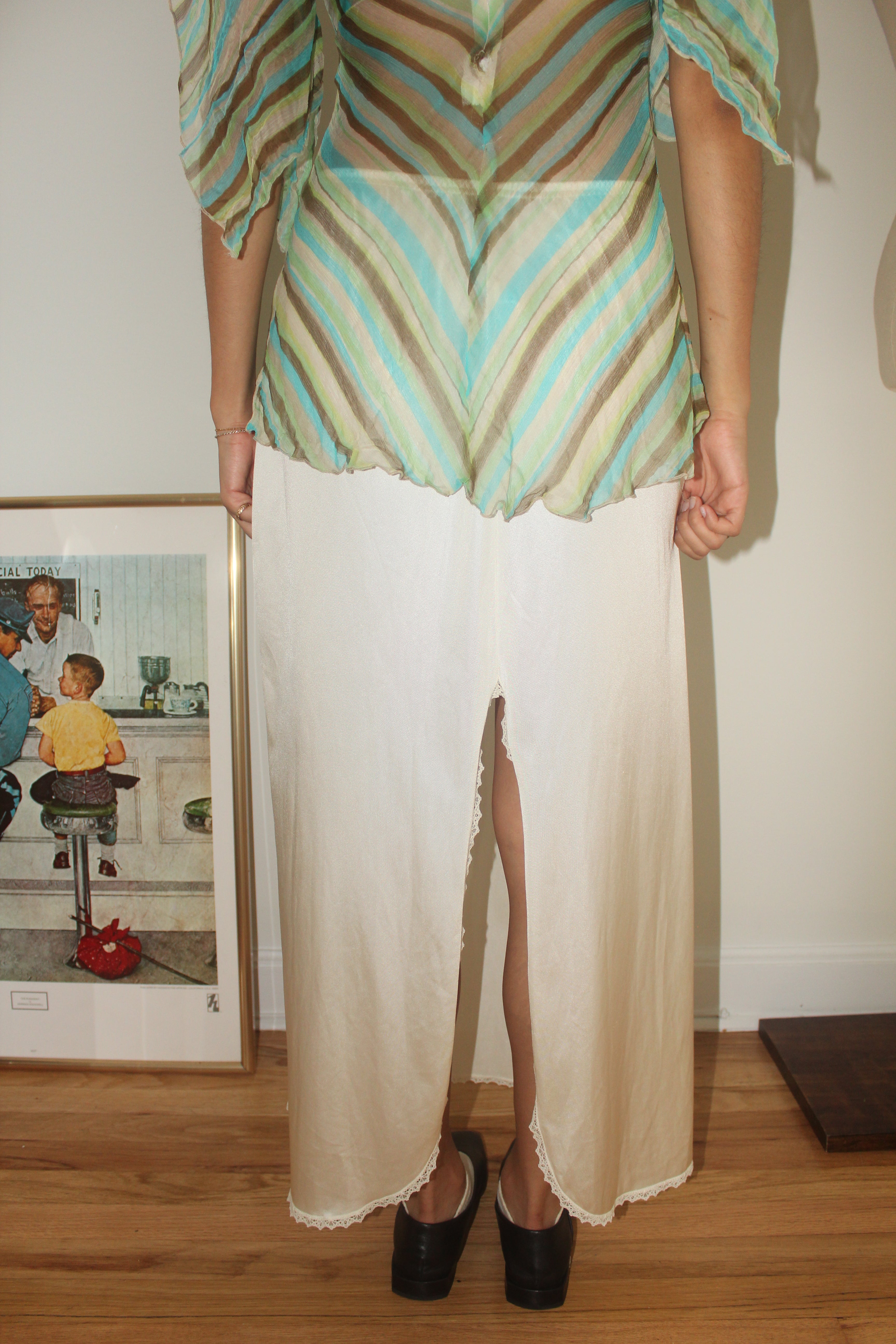Vintage 80s Classic Cream Silk Midi Skirt (S/M)