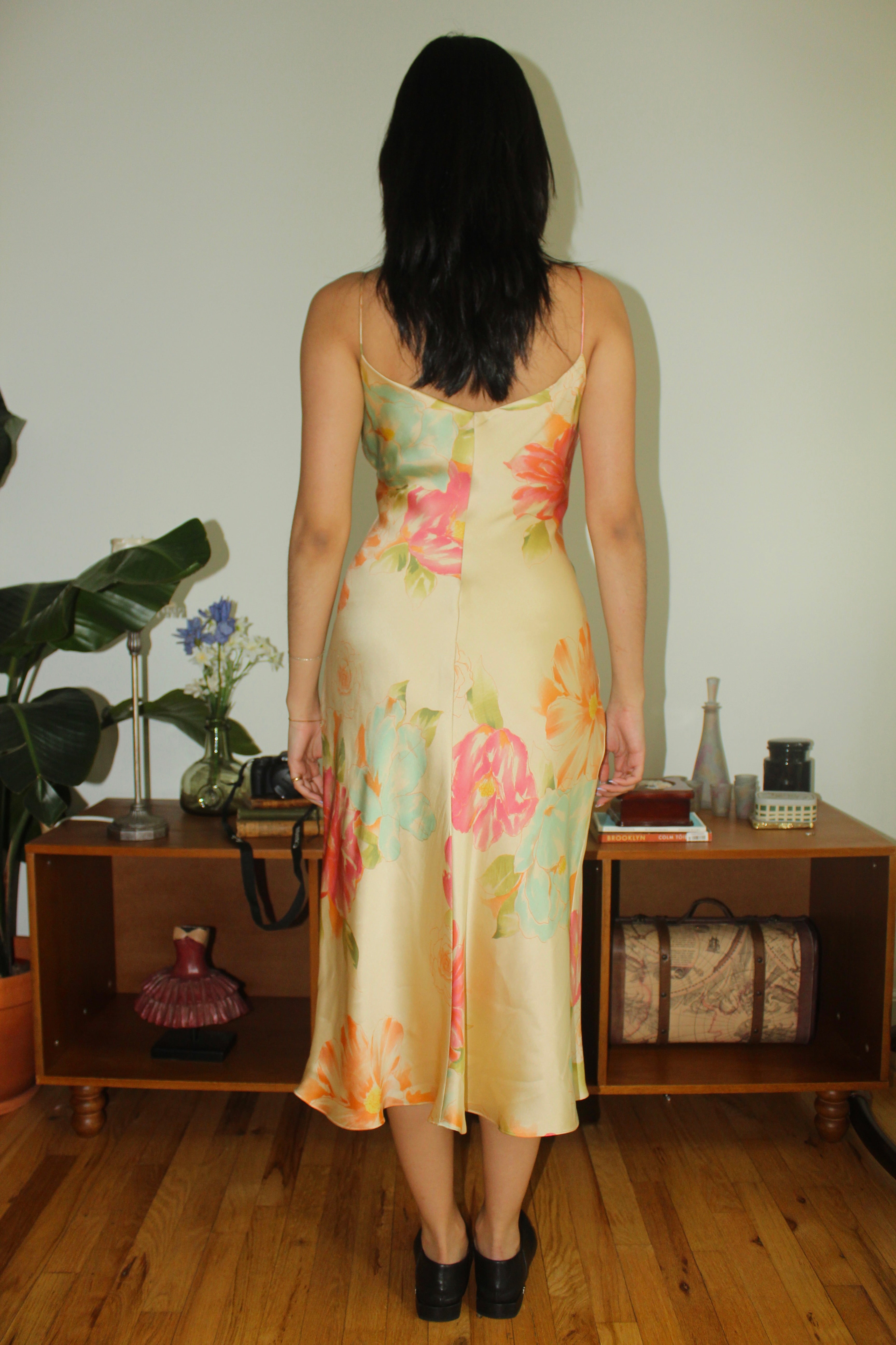 Vintage Y2Ks Golden Hour Floral Silk Slip Dress (M)