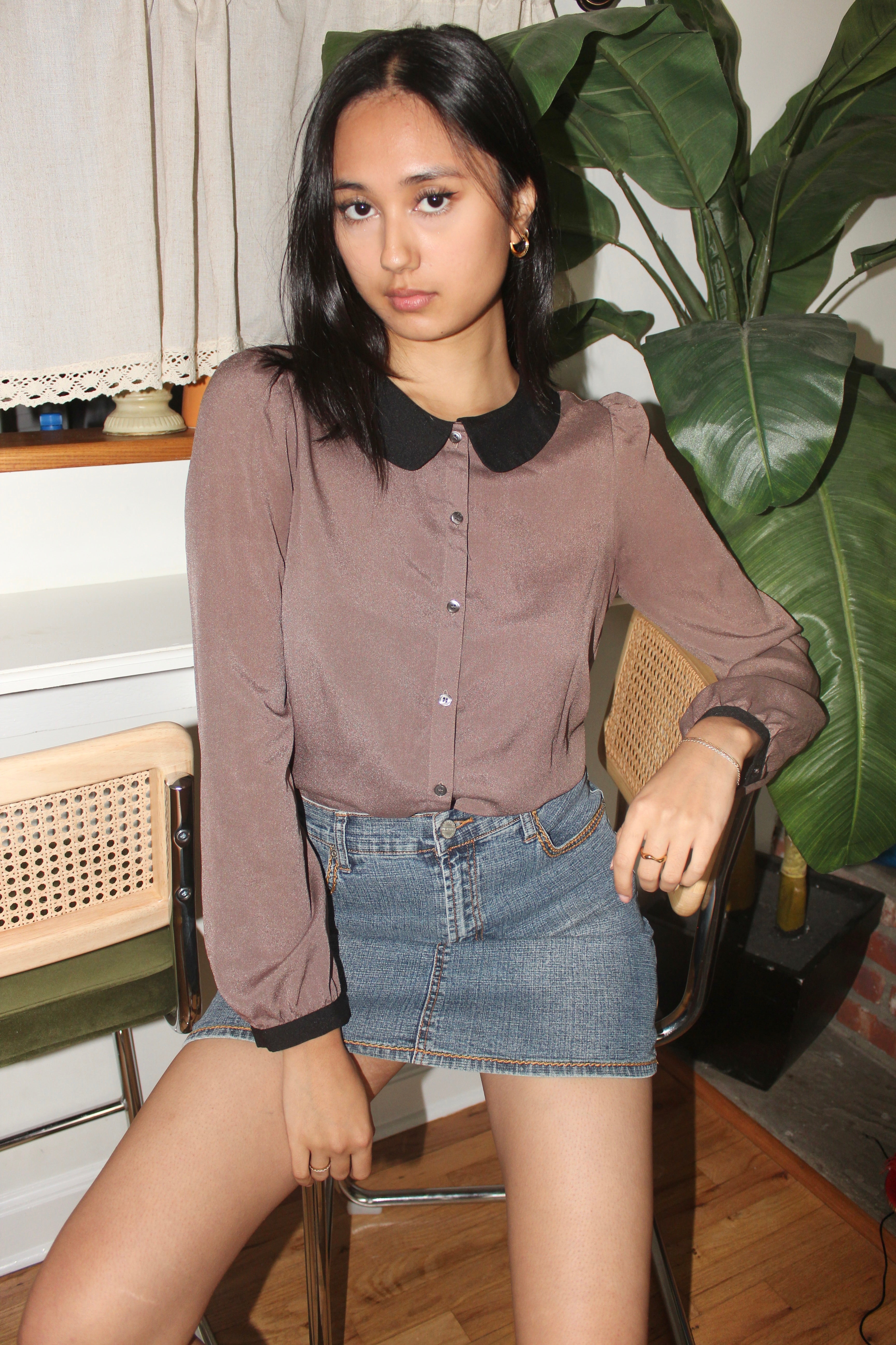 Vintage 80s Poet Contrast Collar Blouse (S)