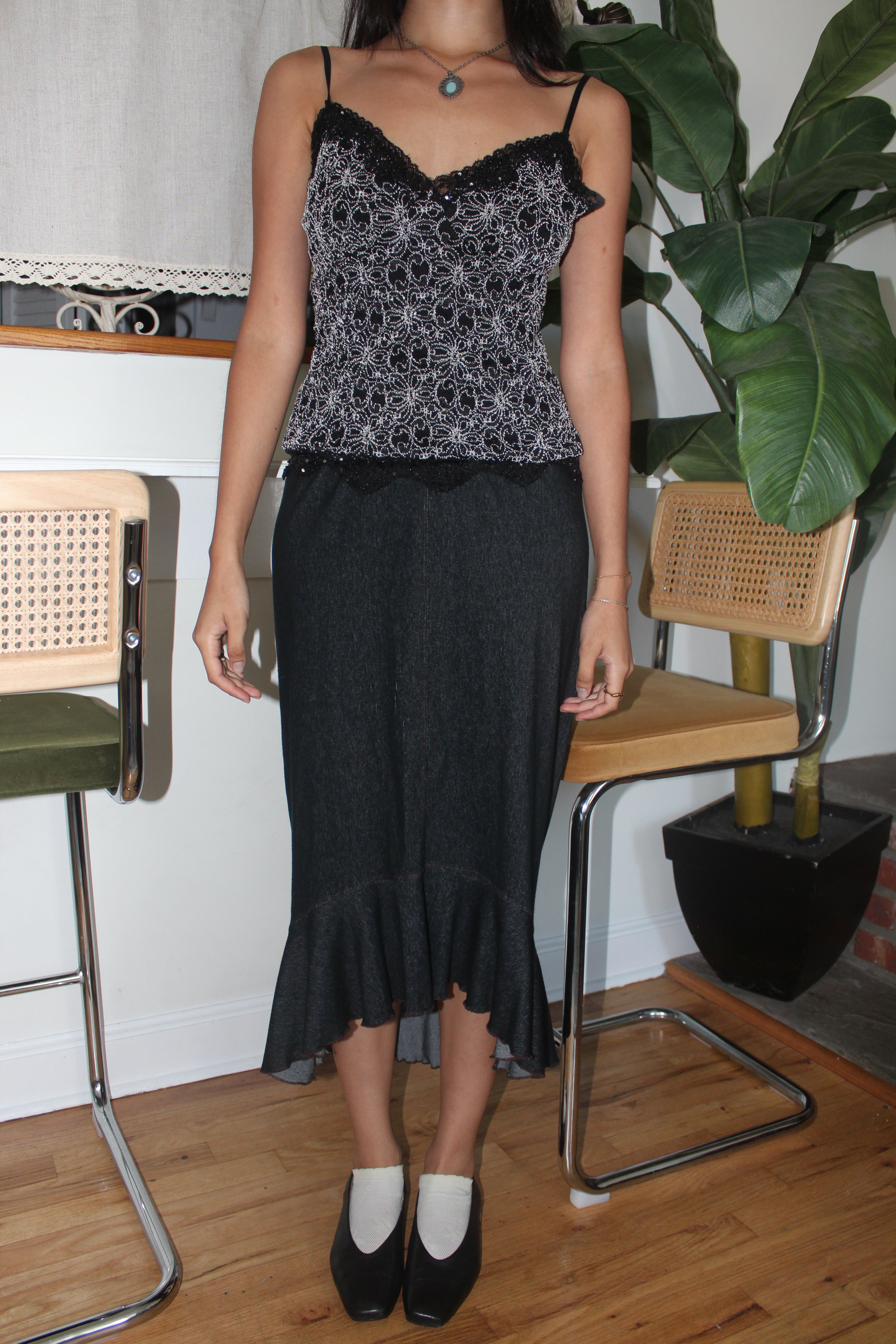 Vintage 90s Ruffled Asymmetrical Denim Midi Skirt (XS/S)
