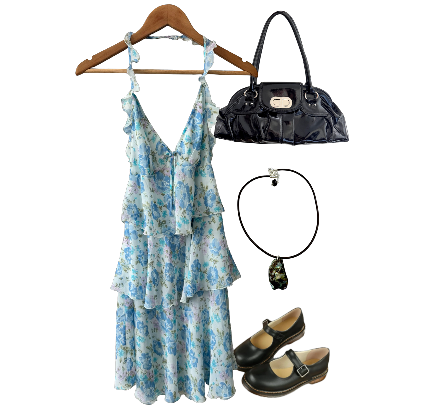 Y2K Blue Floral Halter Flounce Mini Dress (M)