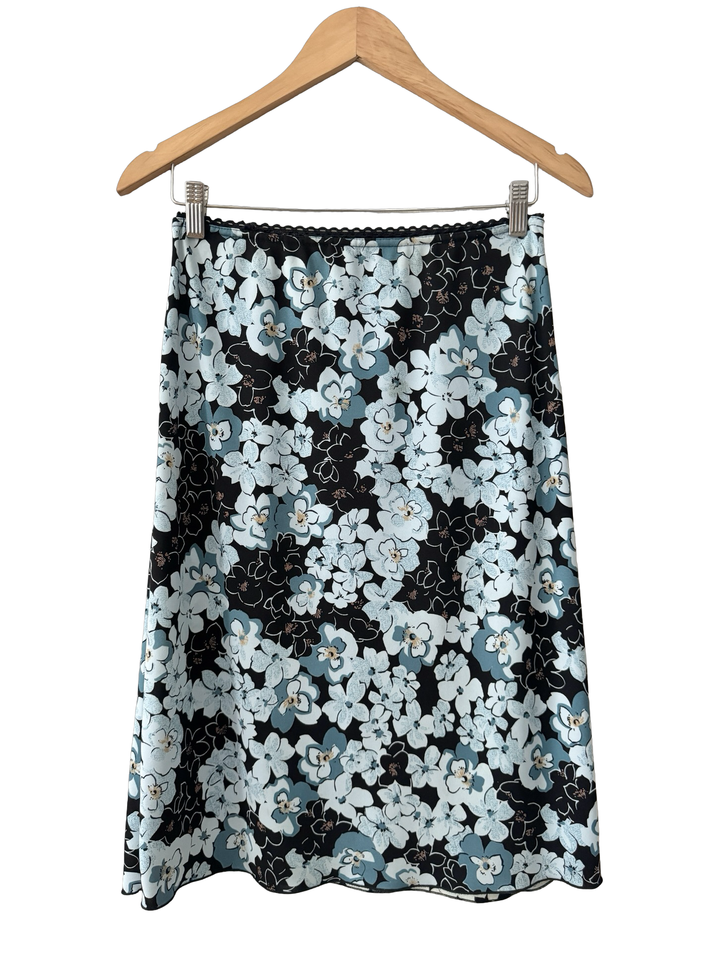 Vintage 90s Blue Floral Slip Midi Skirt (S)