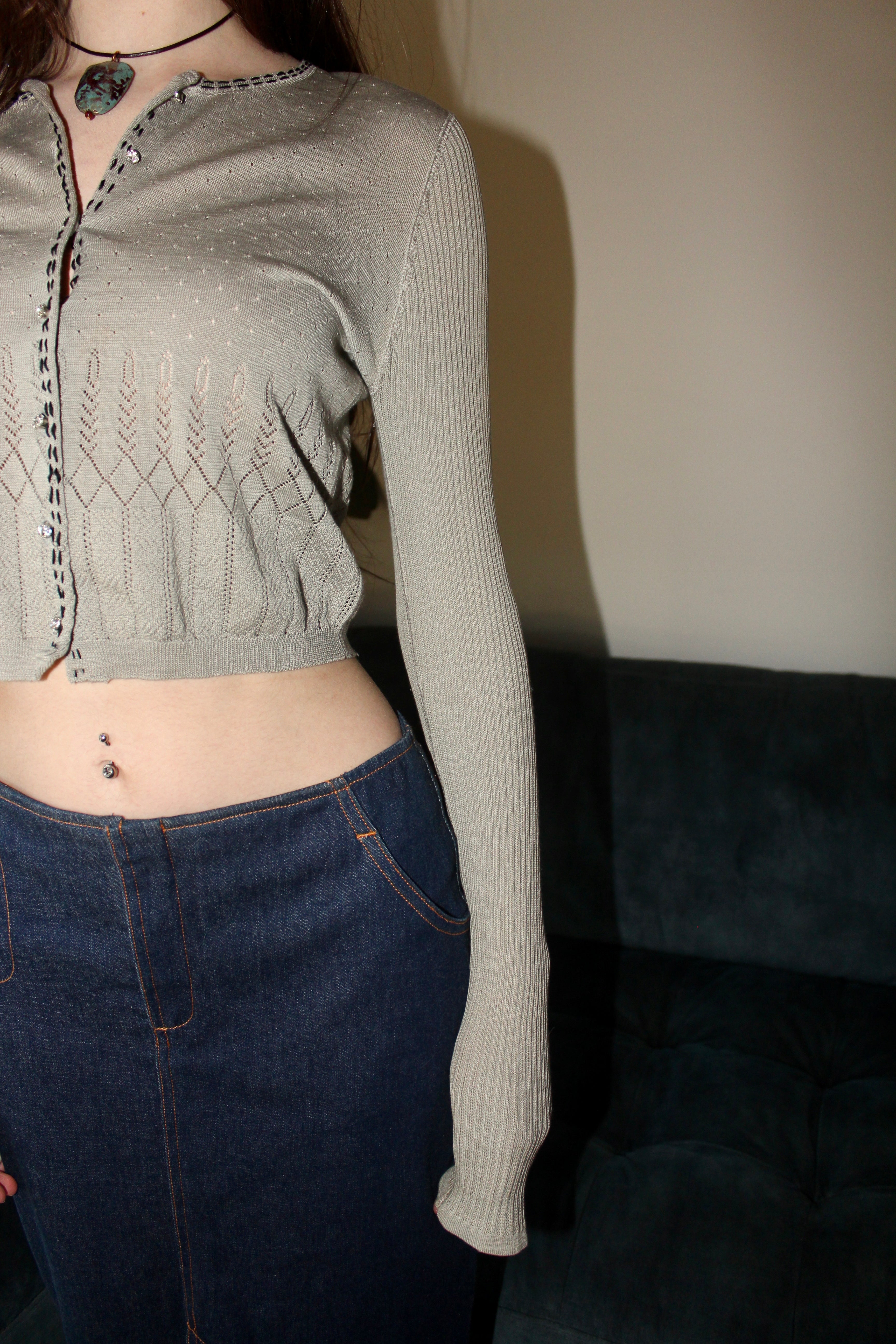 Vintage Cropped Grey Detailed Knit Cardigan (S)