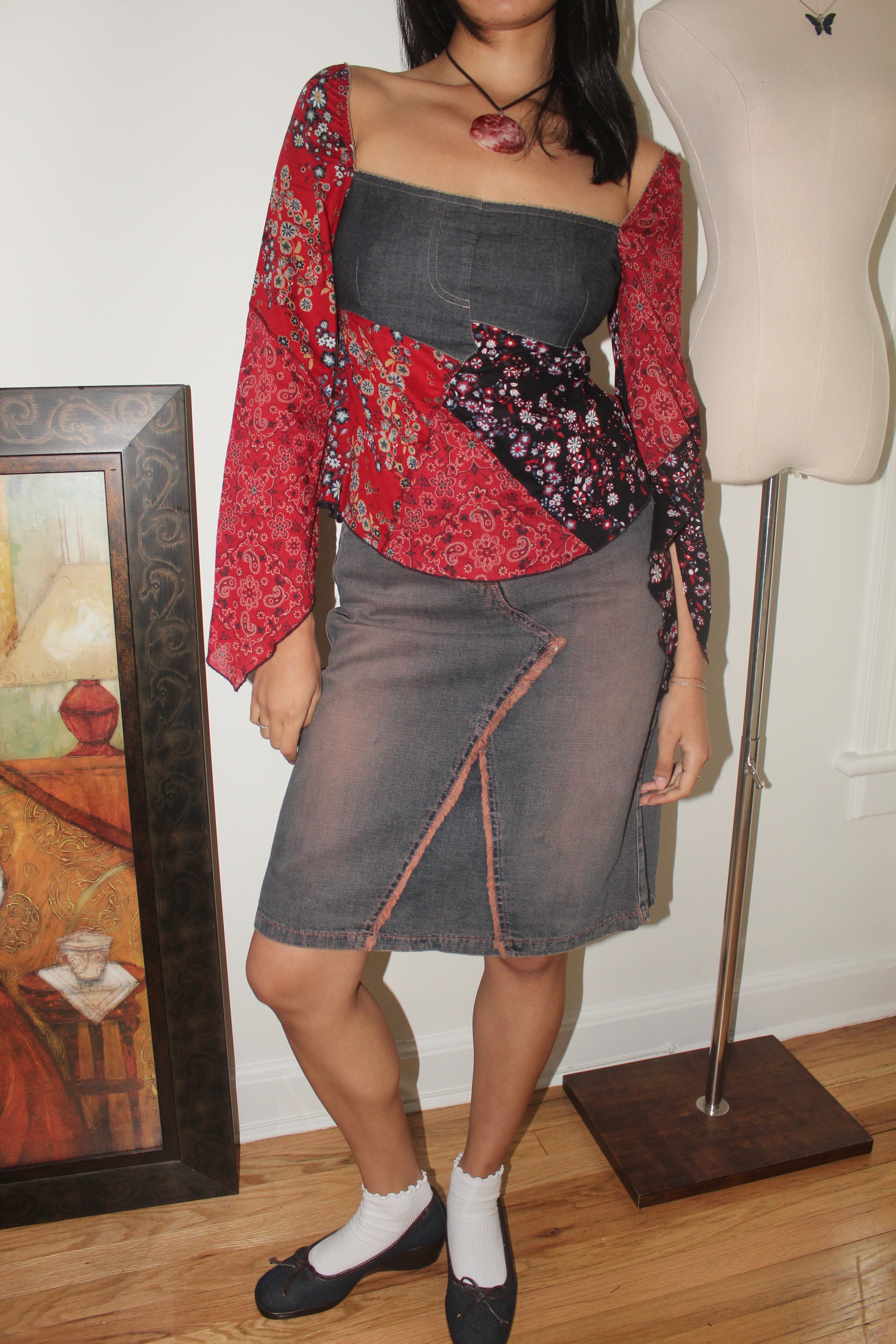 Vintage Y2K DKNY Patchwork Denim Boho Blouse (XS/S)