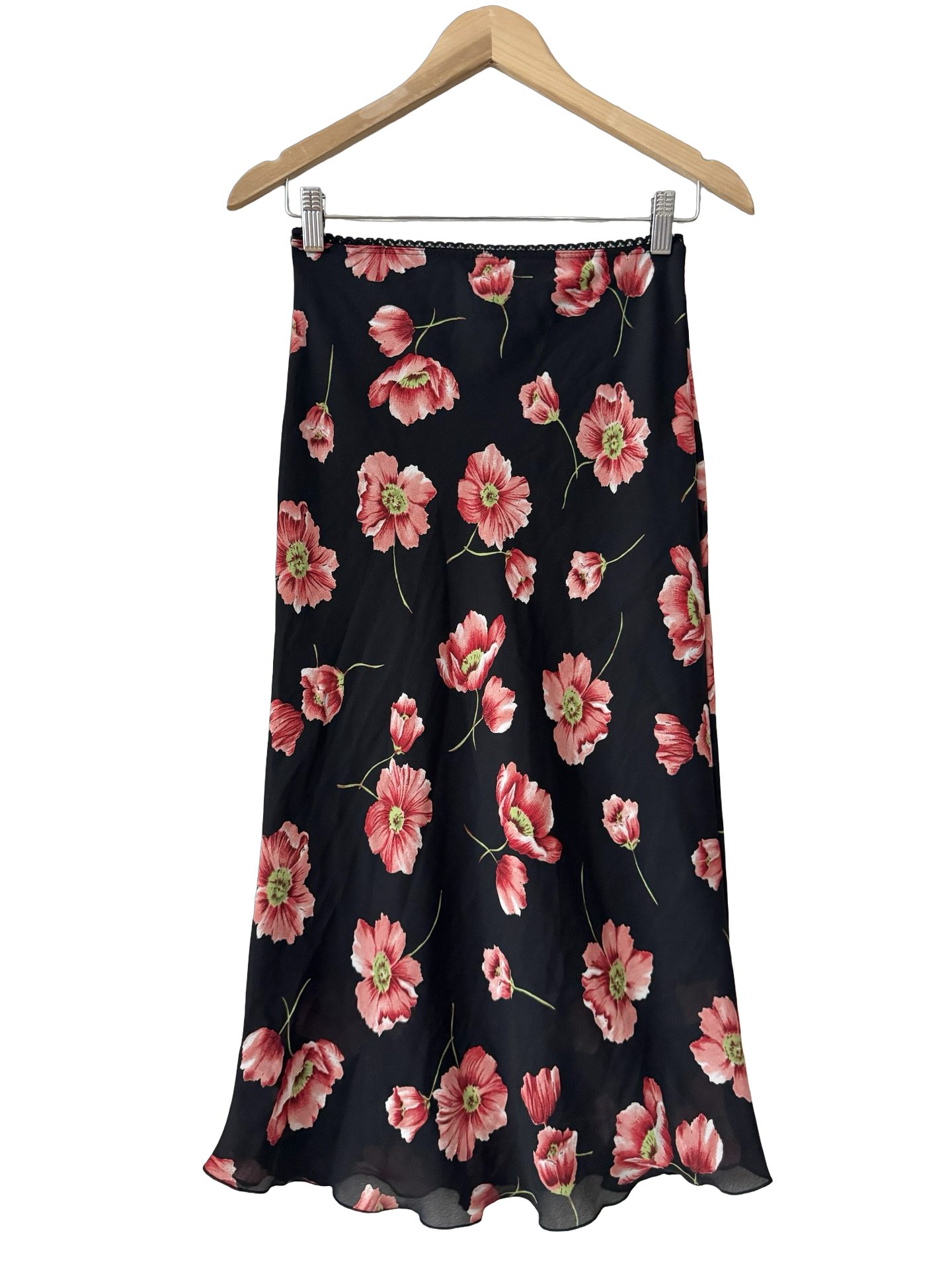 Vintage 90s Black Poppy Floral Maxi Skirt  (XS/S)
