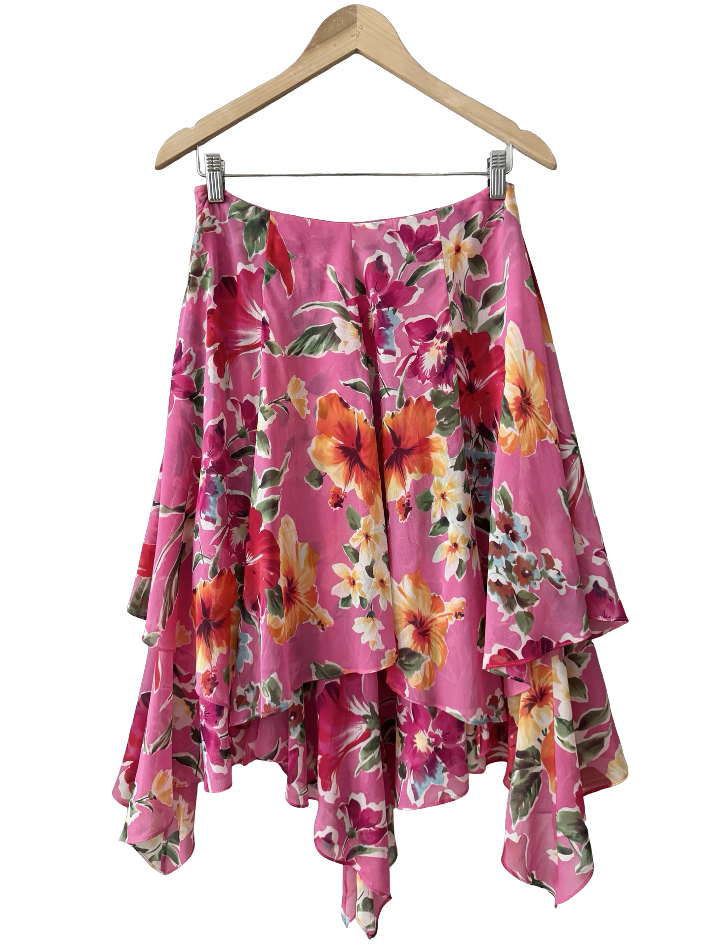 Vintage 90s Ralph Lauren Pink Garden Silk Midi Skirt (S)
