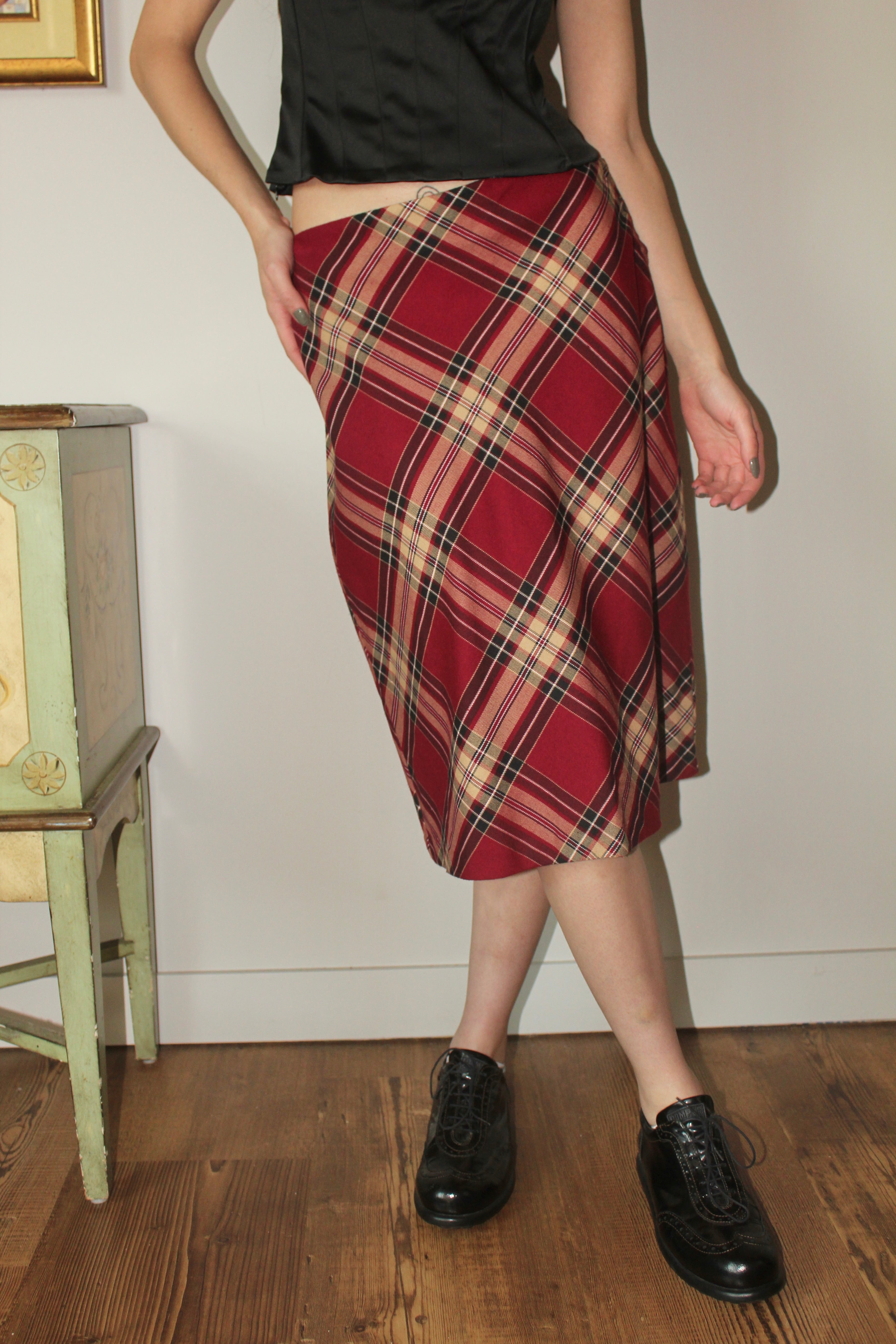 Vintage 90s Raspberry Plaid Midi Skirt (M)