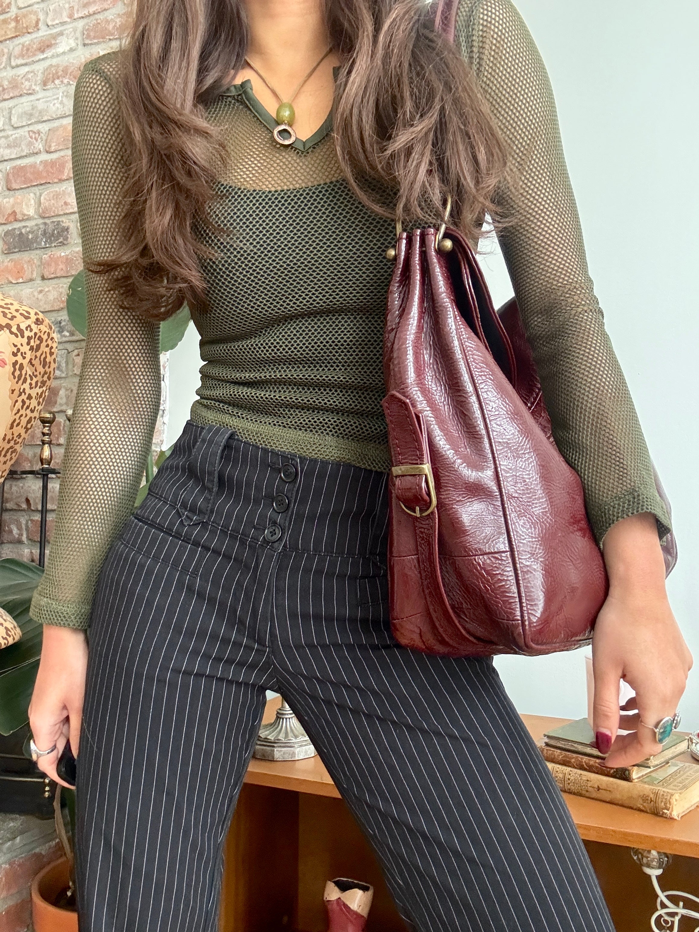 Vintage Bordeaux Glossy Slouch Shoulder Bag