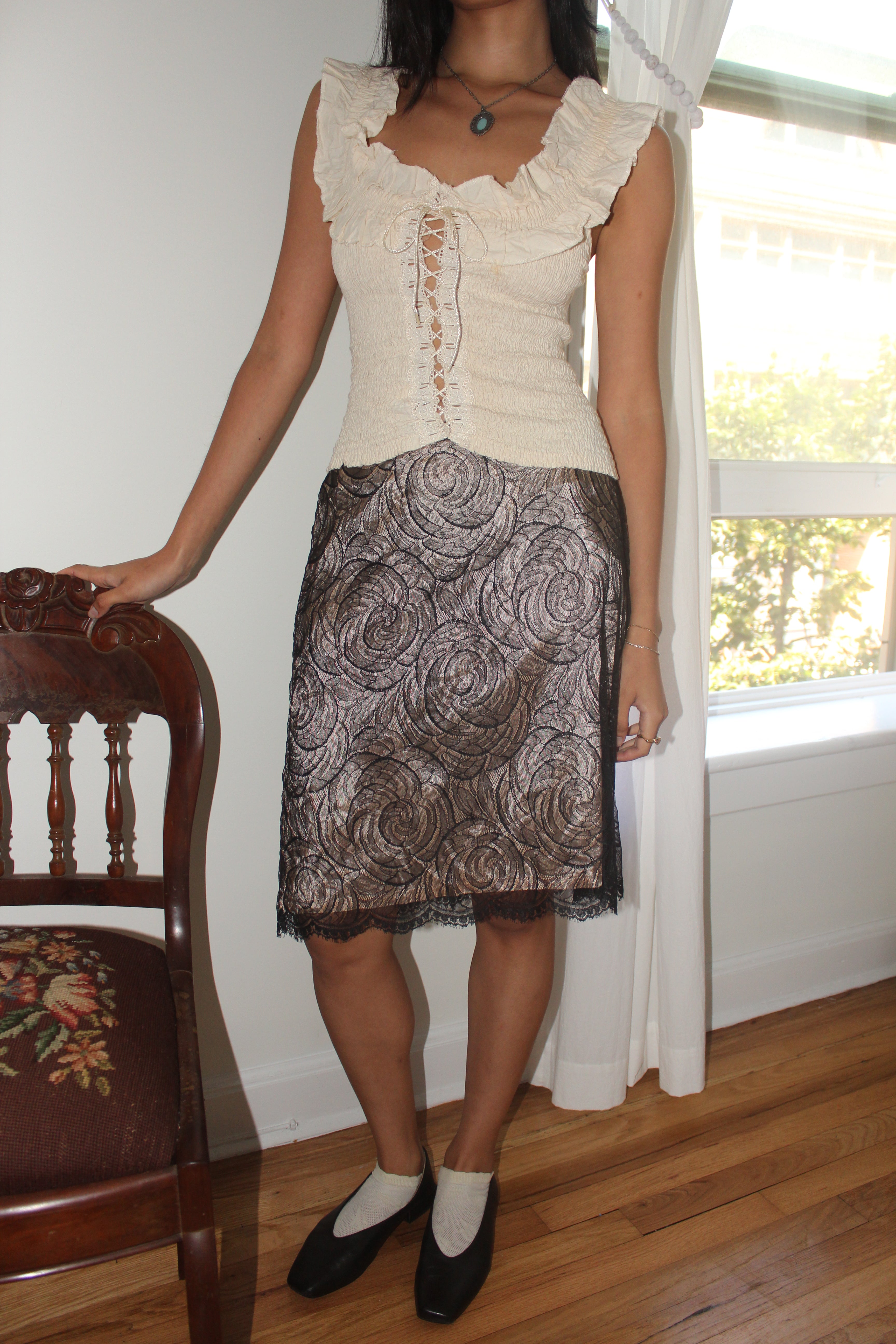 Vintage 90s Lace Overlay Midi Skirt (S)