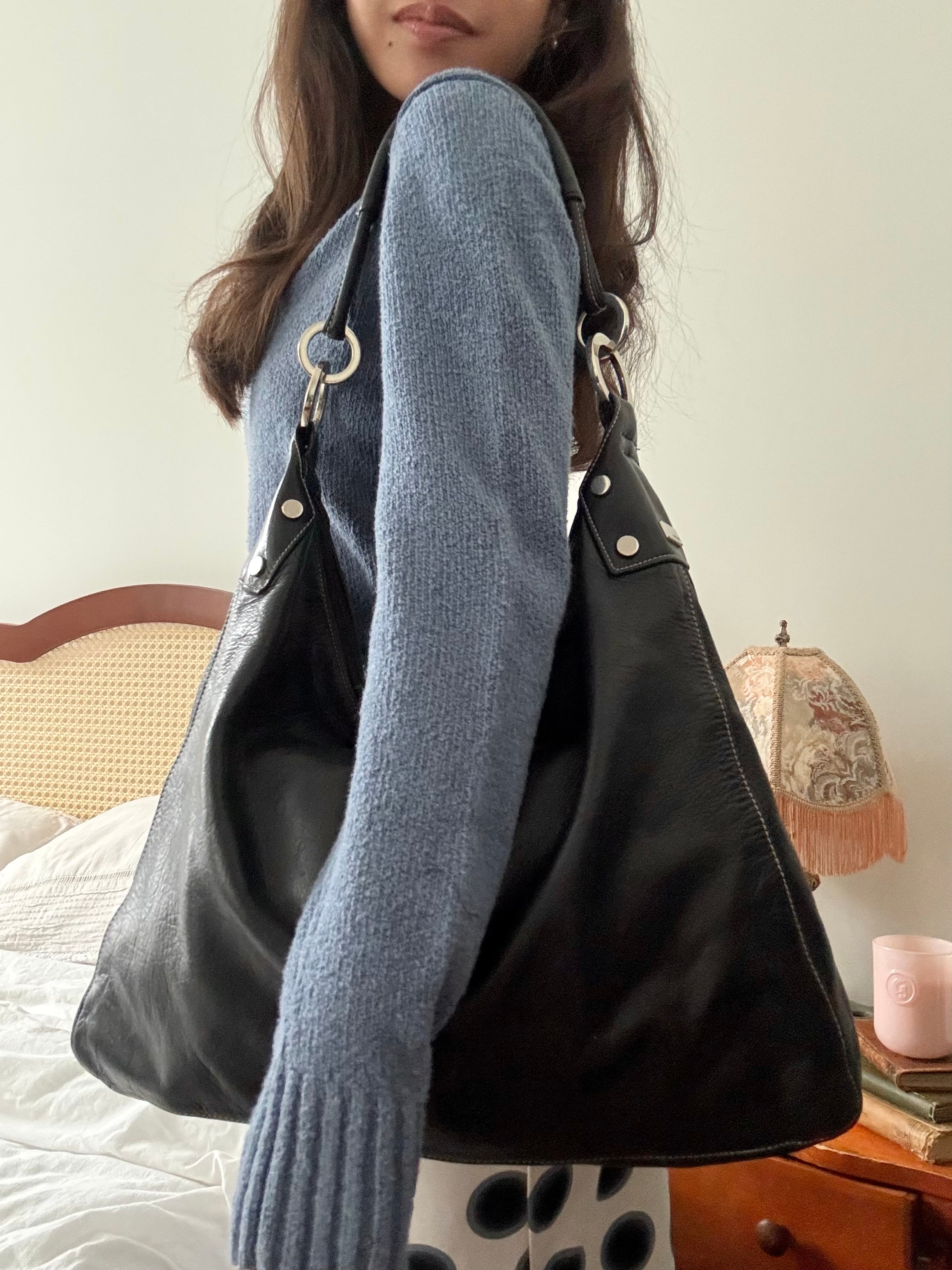 Vintage Y2K Slouchy Black Leather Hobo Bag