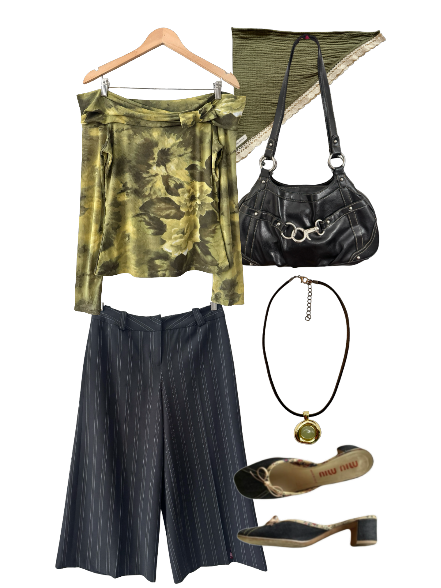 Vintage 90s Olive Floral Mesh Off Shoulder Top (M/L)
