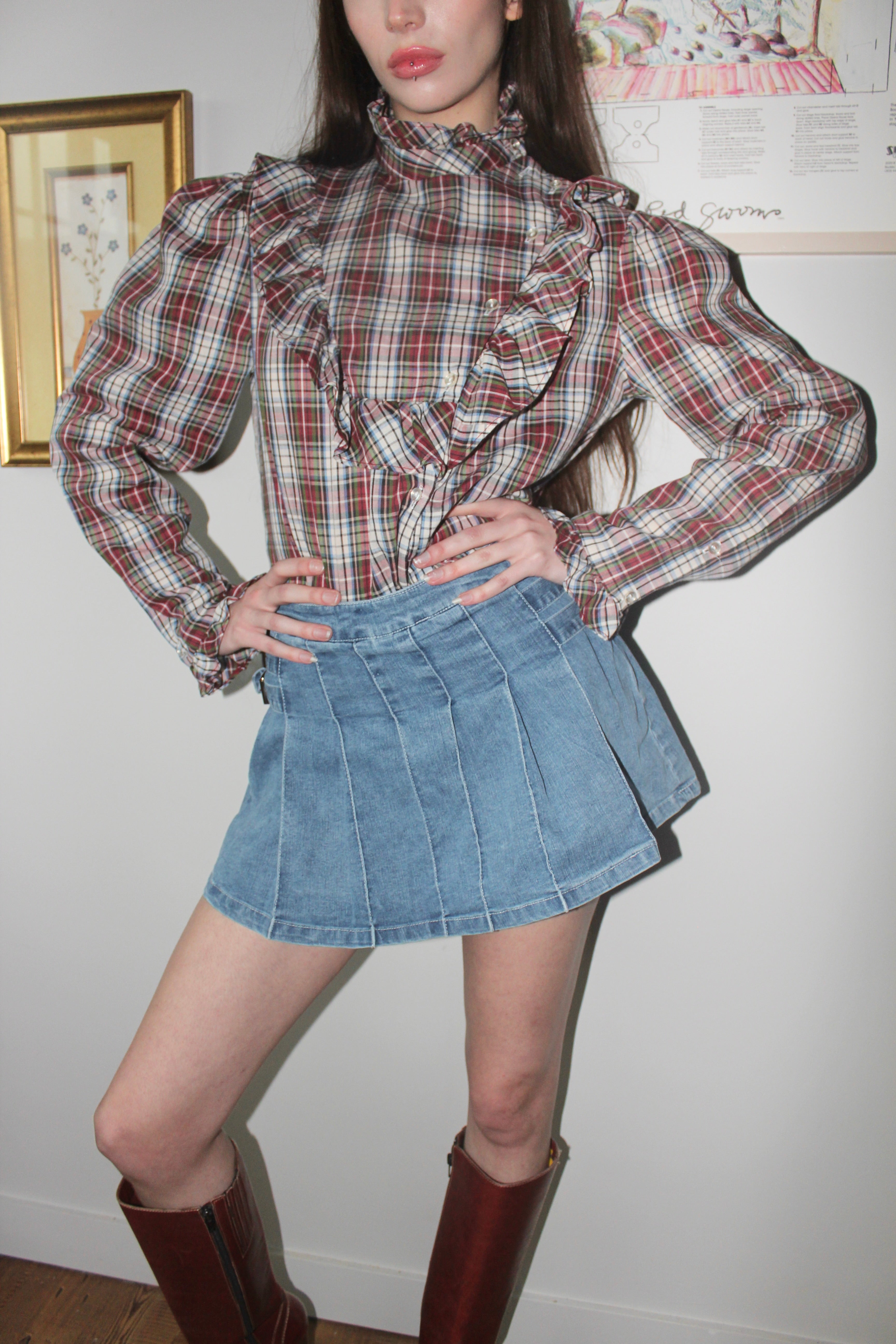 Vintage 80s Ruffled Plaid Button Up (S/M)