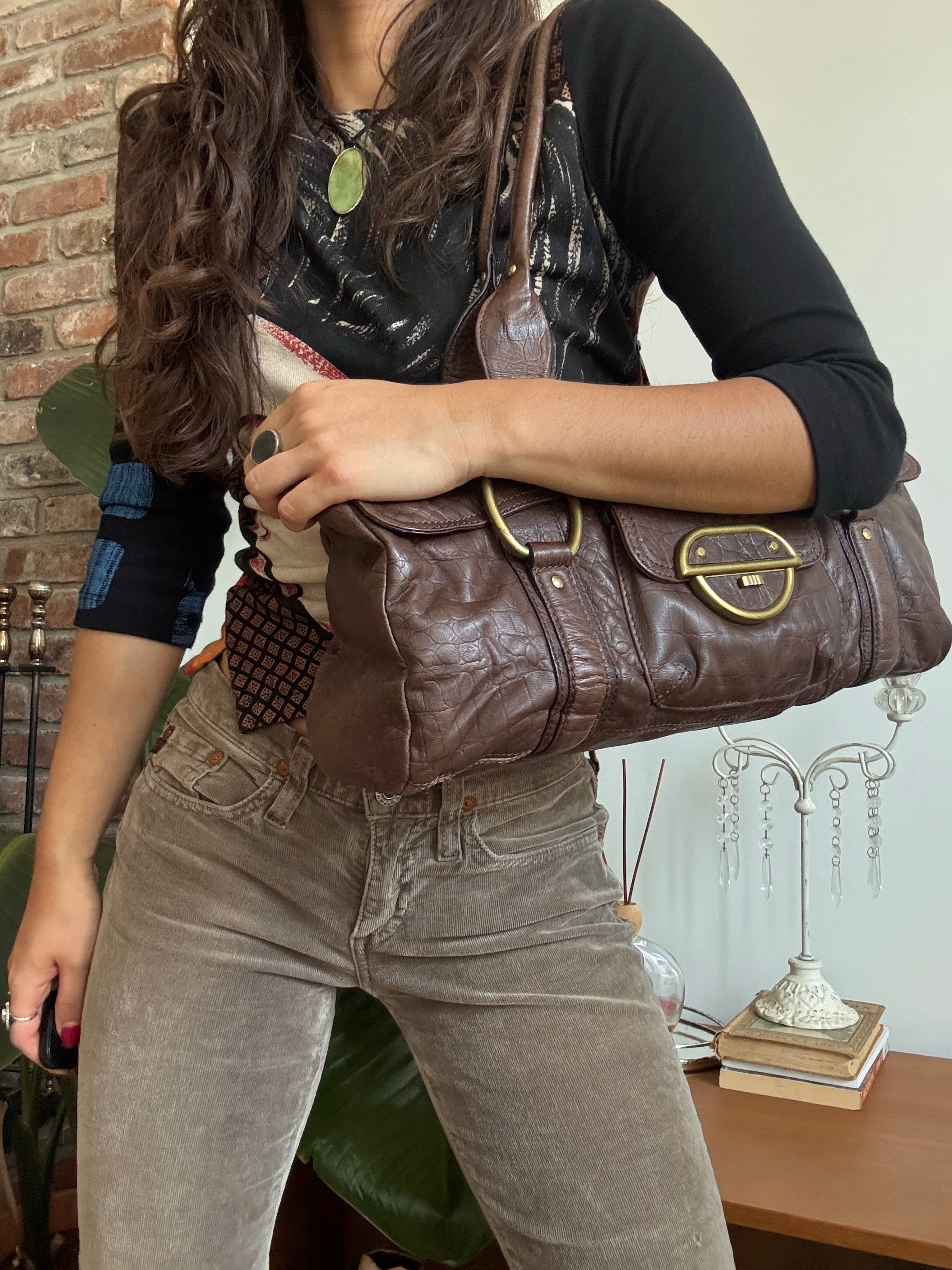 Vintage Y2K Slouch Chocolate Croc Leather Satchel
