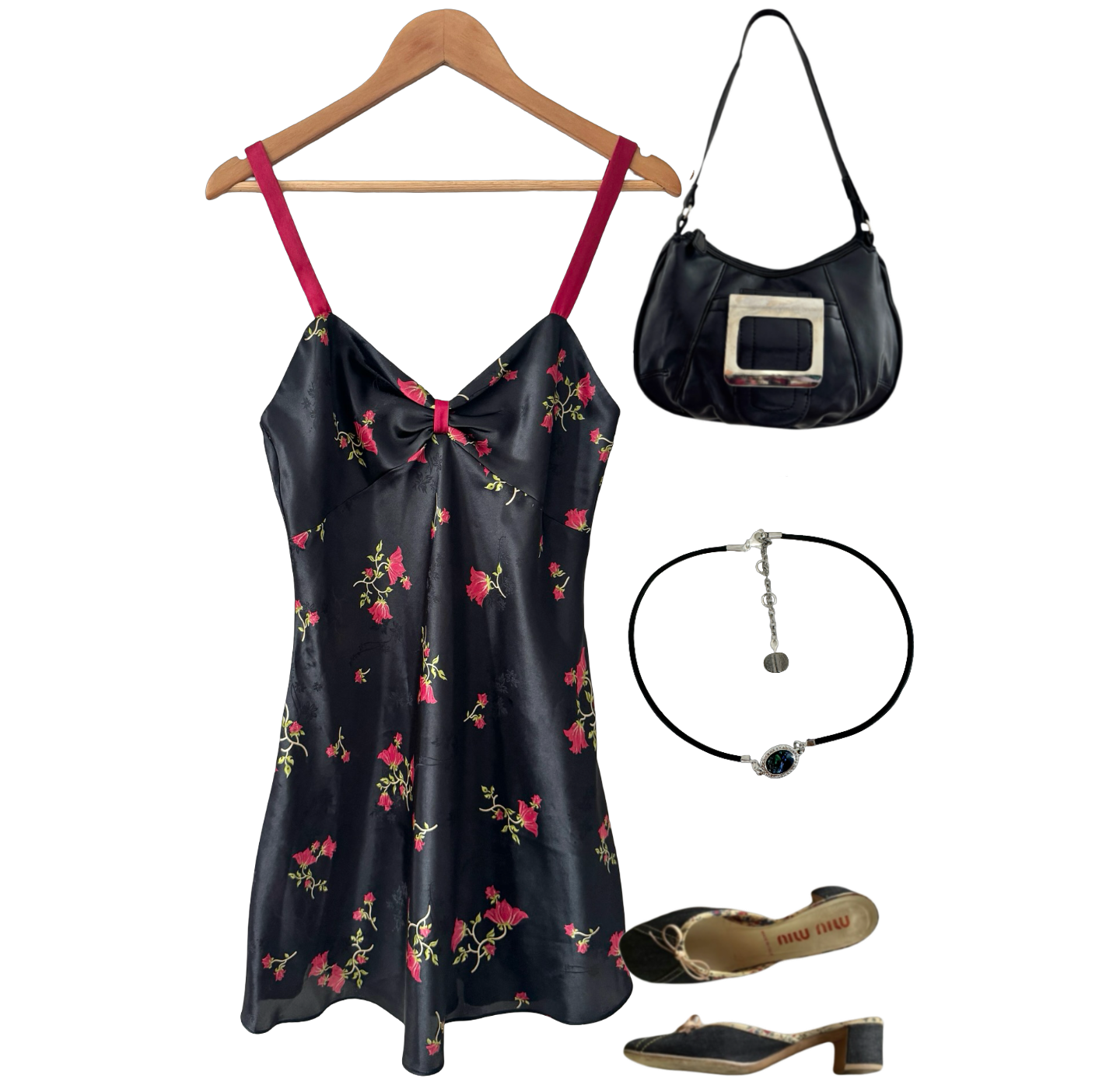 Vintage Y2K Black Floral Bow Mini Dress (S/M)