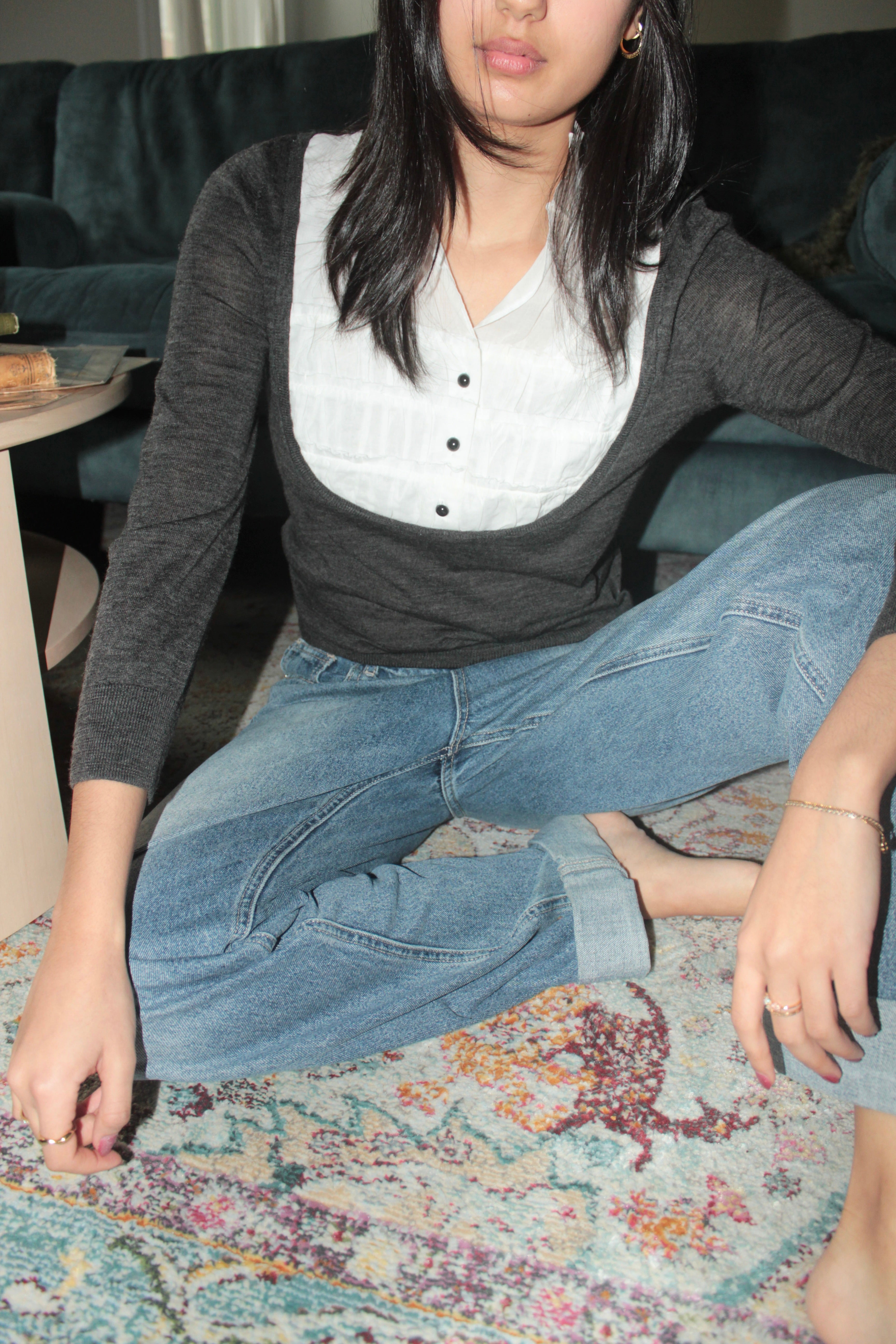 Vintage 2000s Charcoal Mock-Layer Blouse Sweater (S)