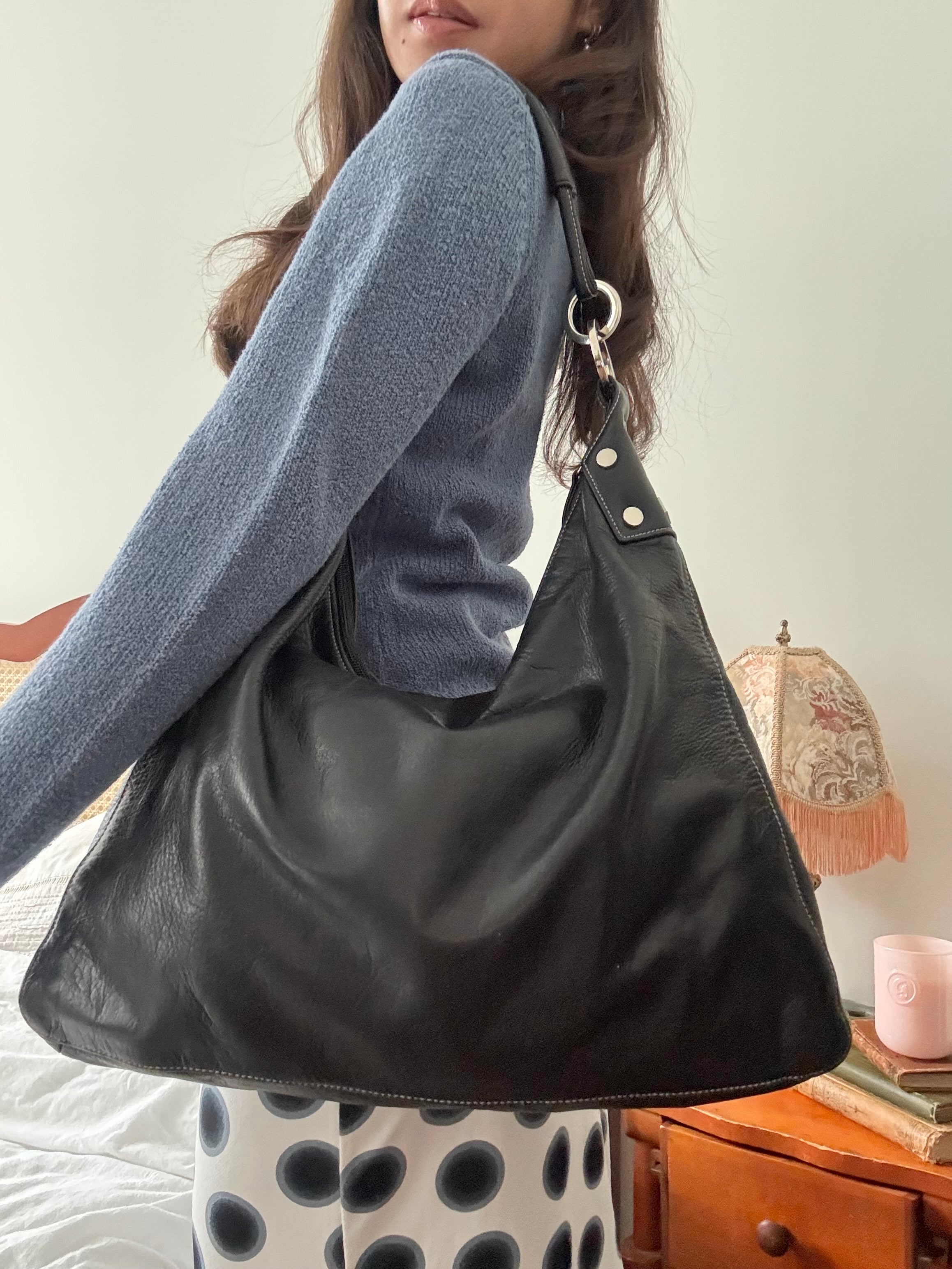 Vintage Y2K Slouchy Black Leather Hobo Bag