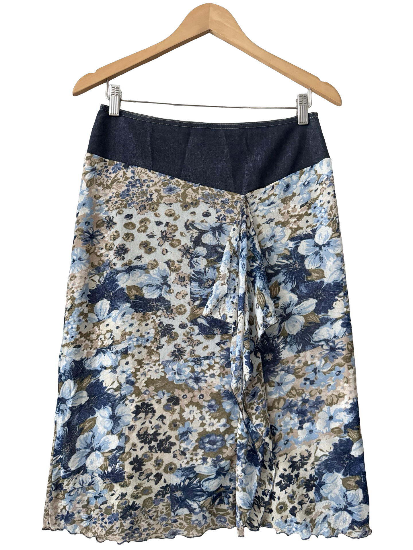 Vintage 90s French Porcelain Blue Ruched Midi Skirt (S/M)