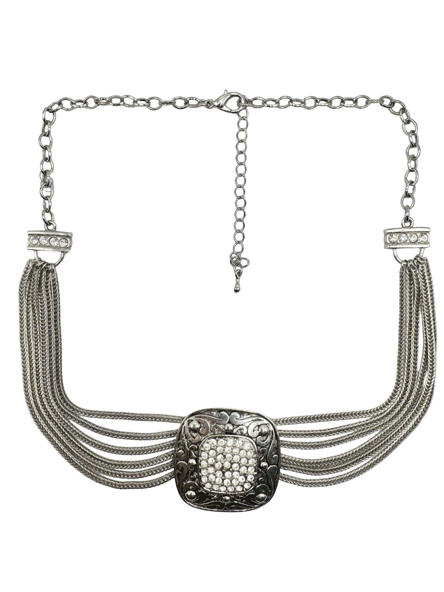 Vintage Y2K Silver Multi-Chain Rhinestone Necklace