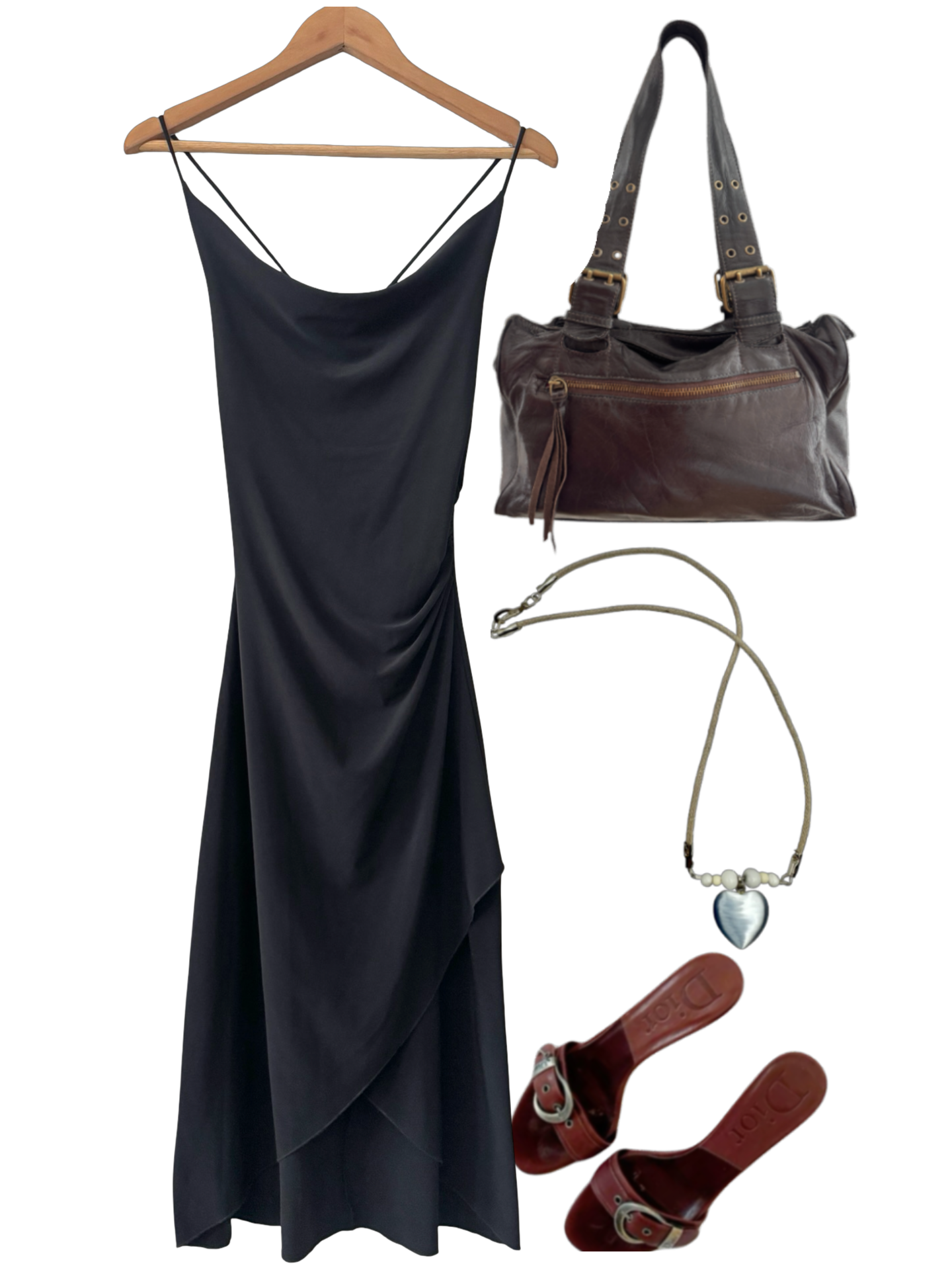 Vintage 90s Black Draped Slip Midi  Dress (S)