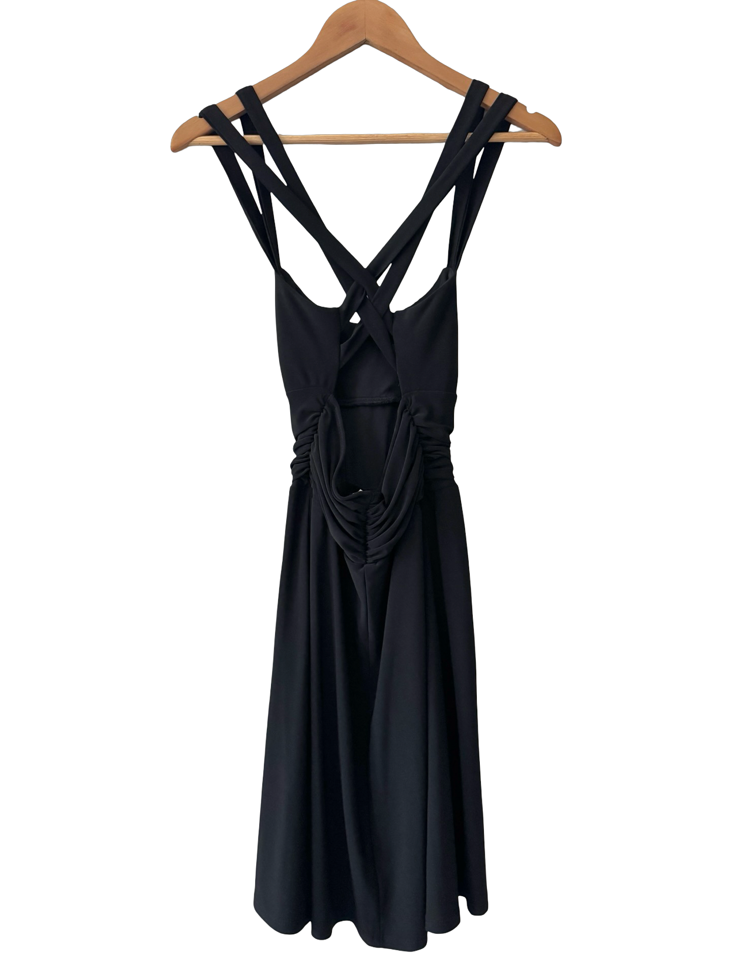 Vintage 90s Black Strappy Ruched Midi Dress (S)