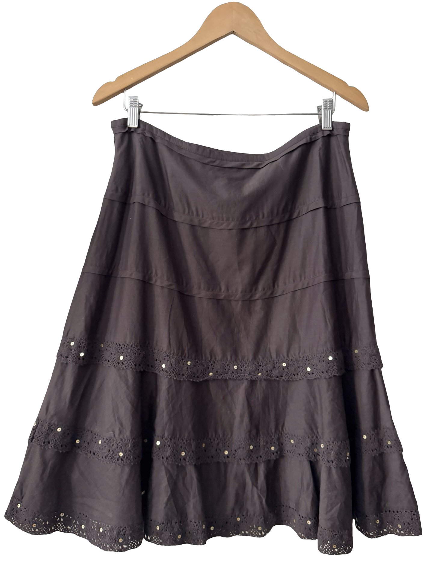Vintage Y2K Chocolate Eyelet Tiered Midi Skirt (M)