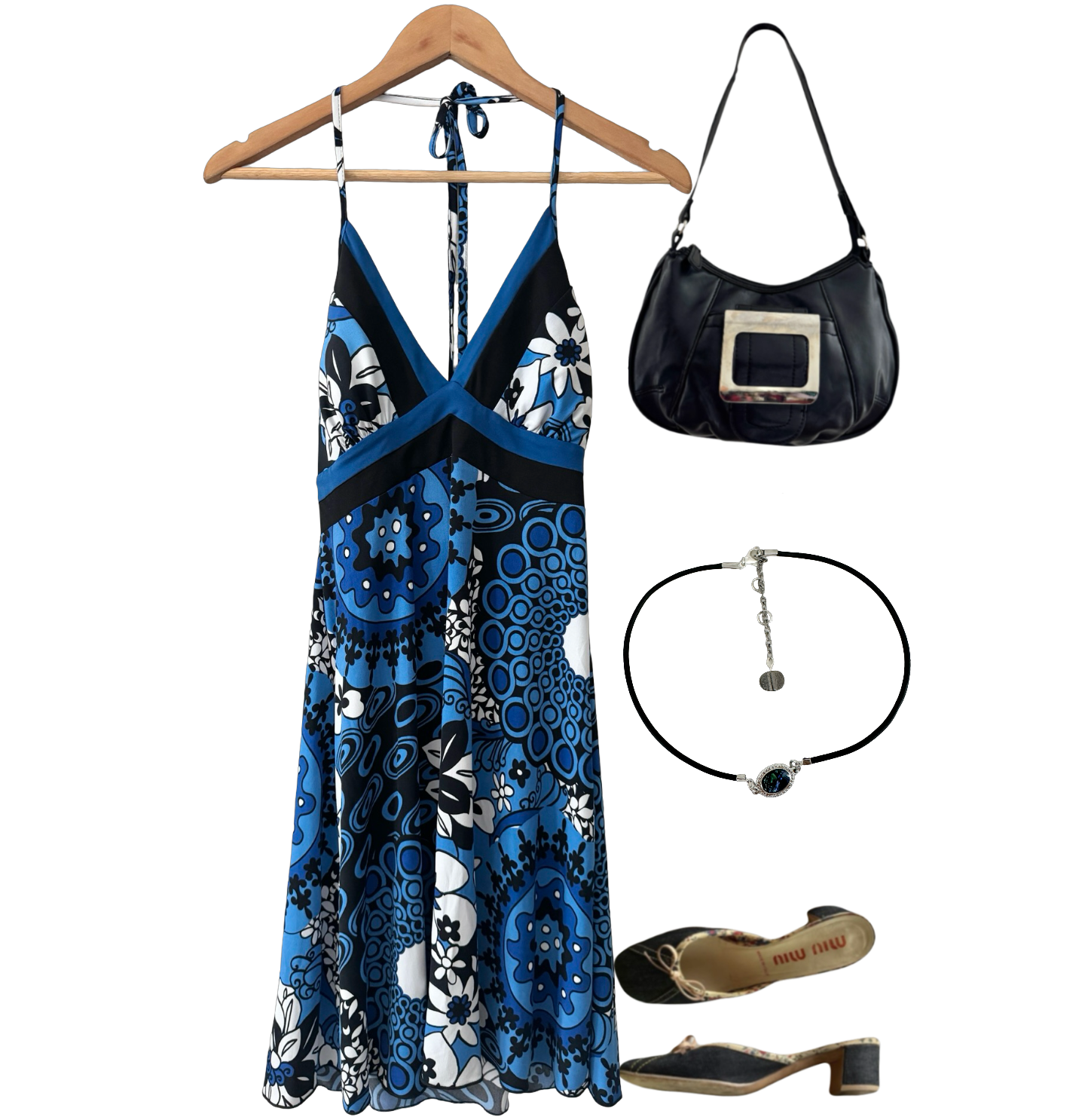 Vintage Y2K Blue Mosaic Halter Mini Dress (S/M)