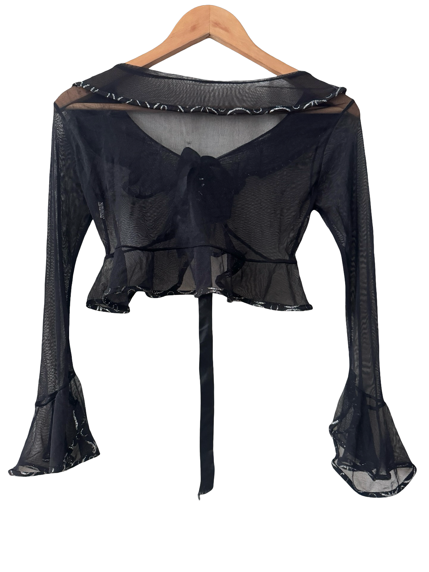 Vintage 90s Black Magic Sheer Tie-Front Cropped Blouse (S)