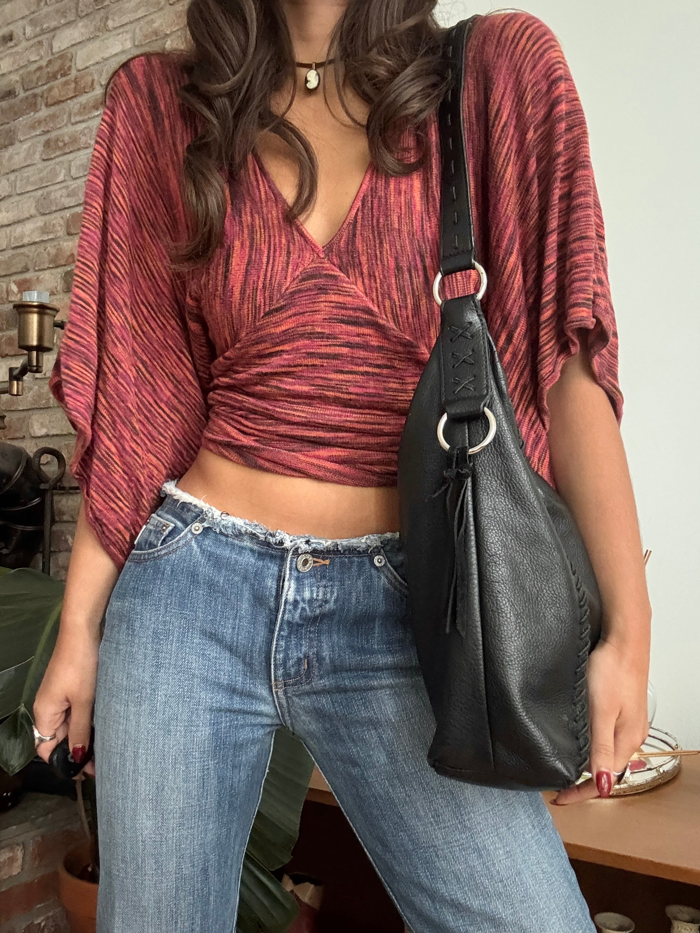 Vintage Y2K Black Whipstitch Slouch Bag