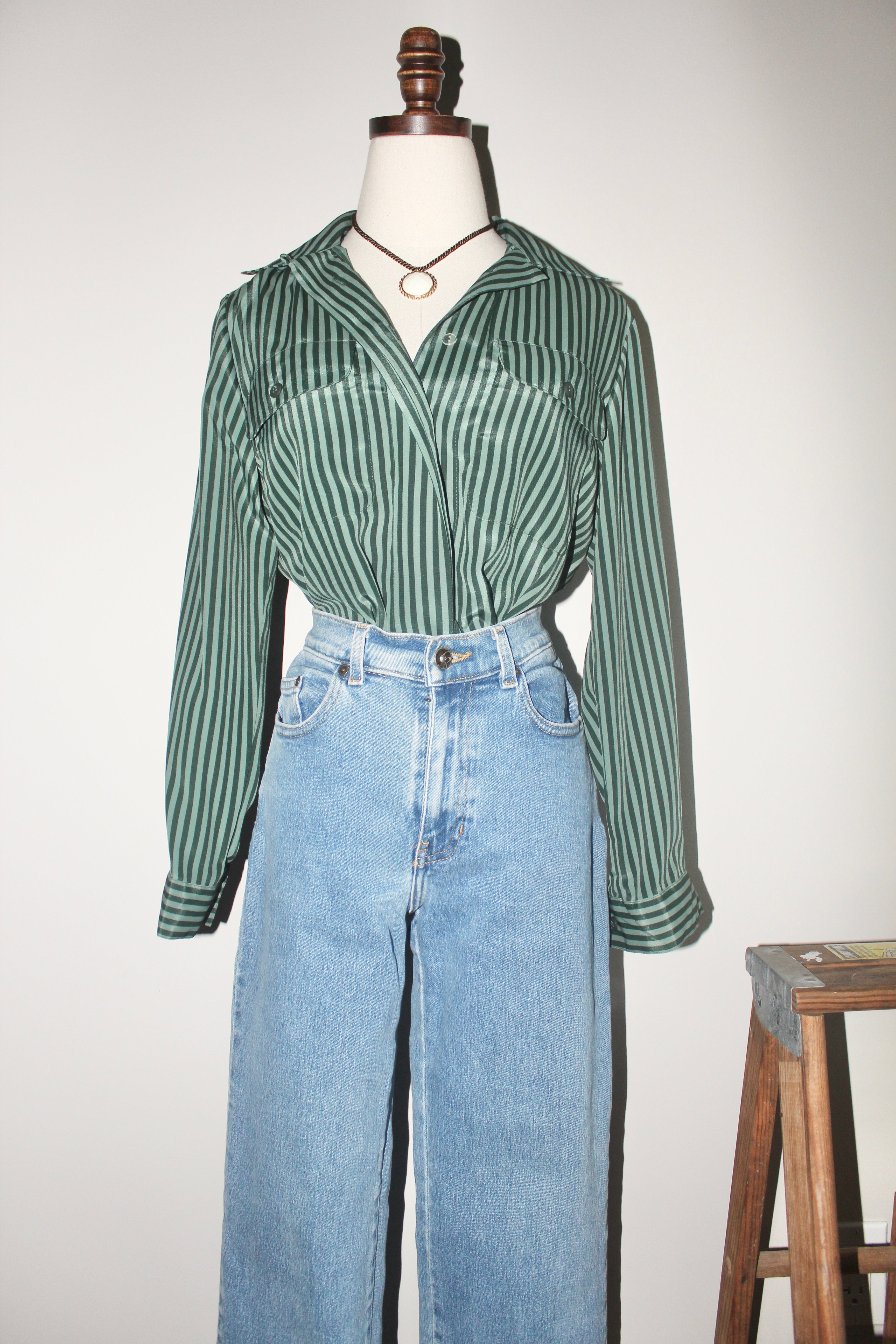 Vintage 90s Green Striped Button Up (M)