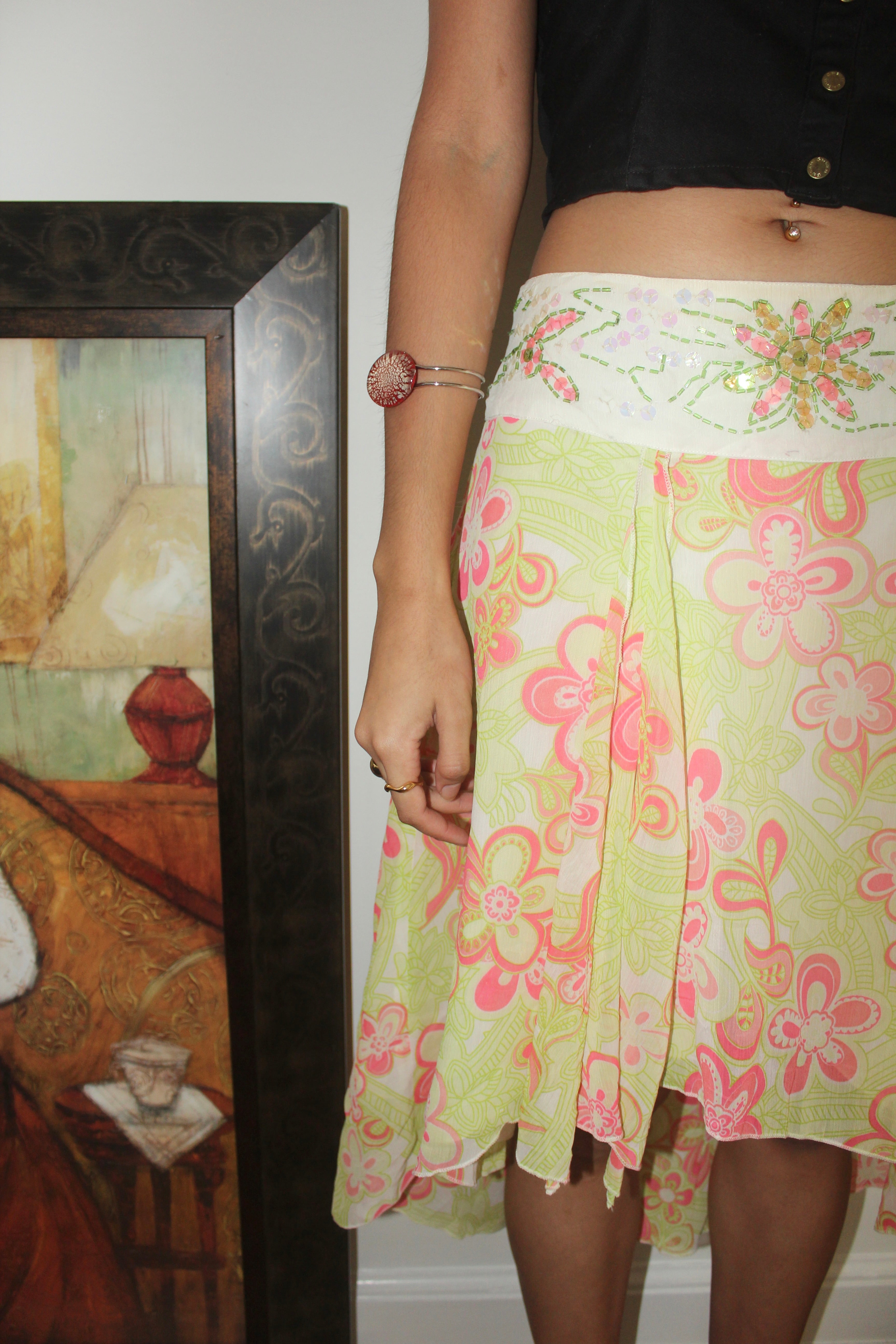 Vintage 90s Beaded Floral Asymmetrical Midi Skirt (S)