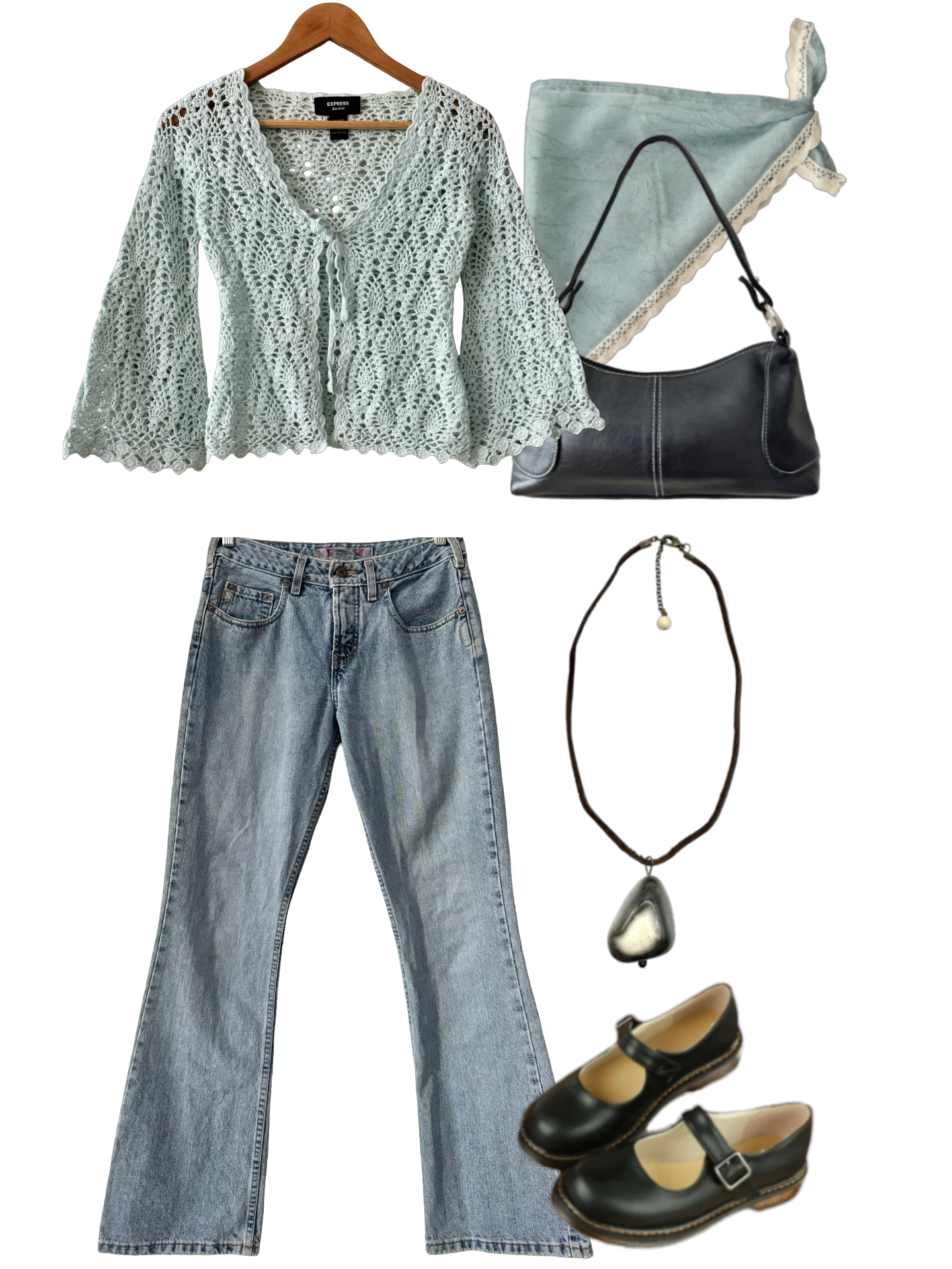 Vintage Y2K Seafoam Crochet Bell Sleeve Cardigan (XS/S)