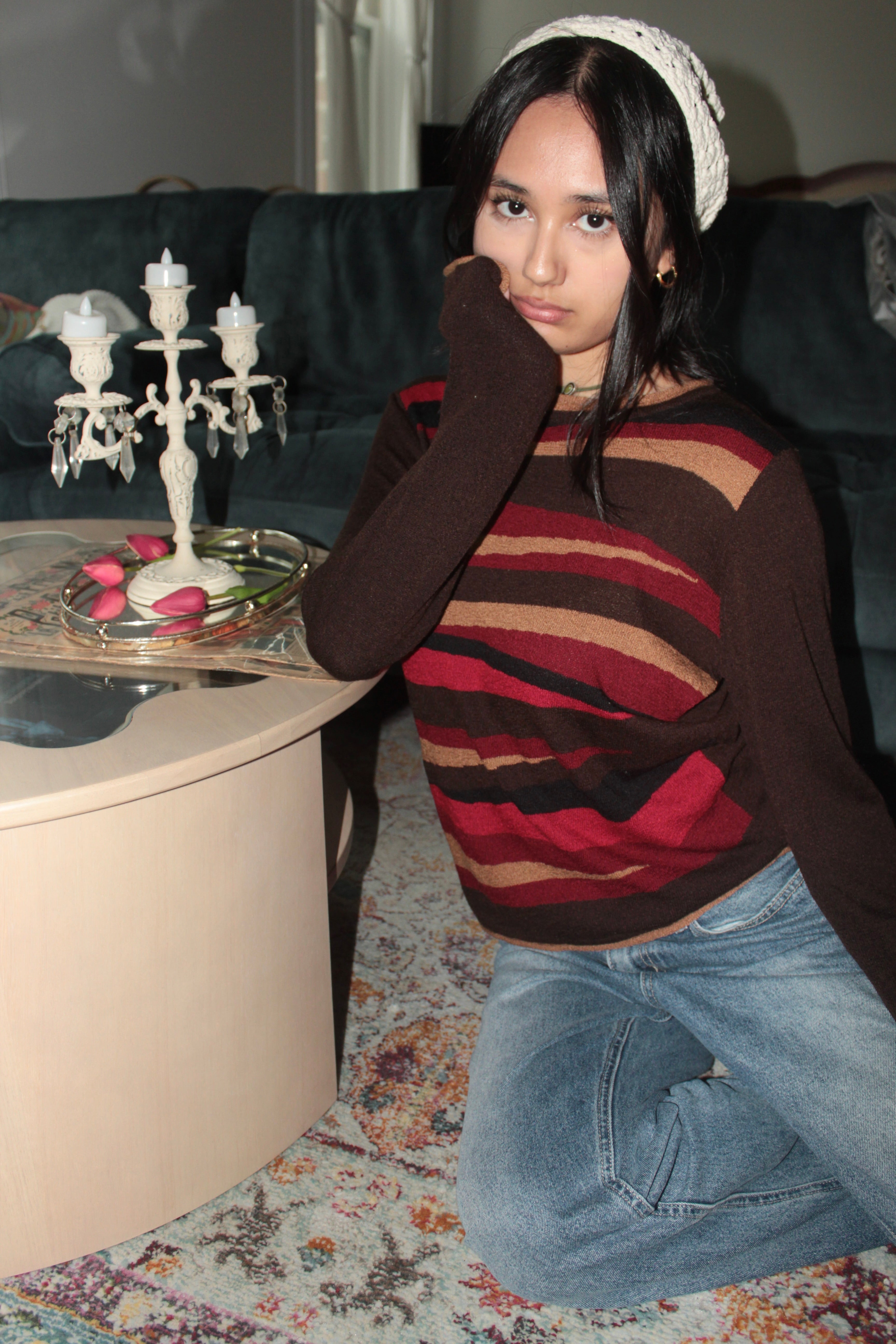 Vintage 90s Brown + Red Wave Stripe Knit Sweater (S)