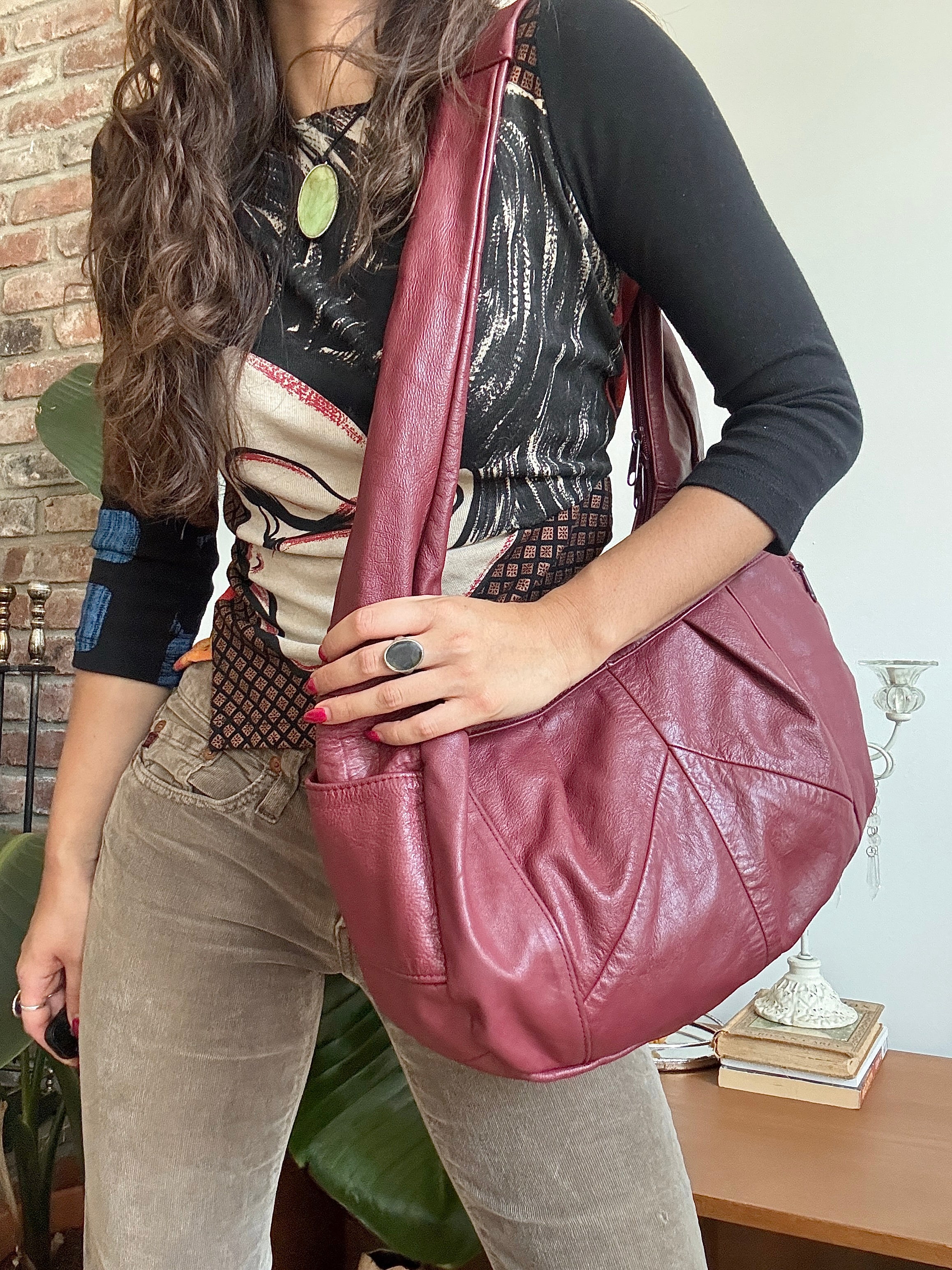 Vintage Y2K Merlot Slouch Leather Hobo