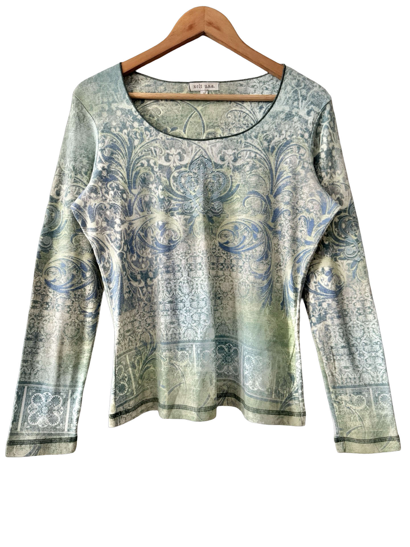 Vintage Y2K Sage Fleur De Lis Long Sleeve Top (L)
