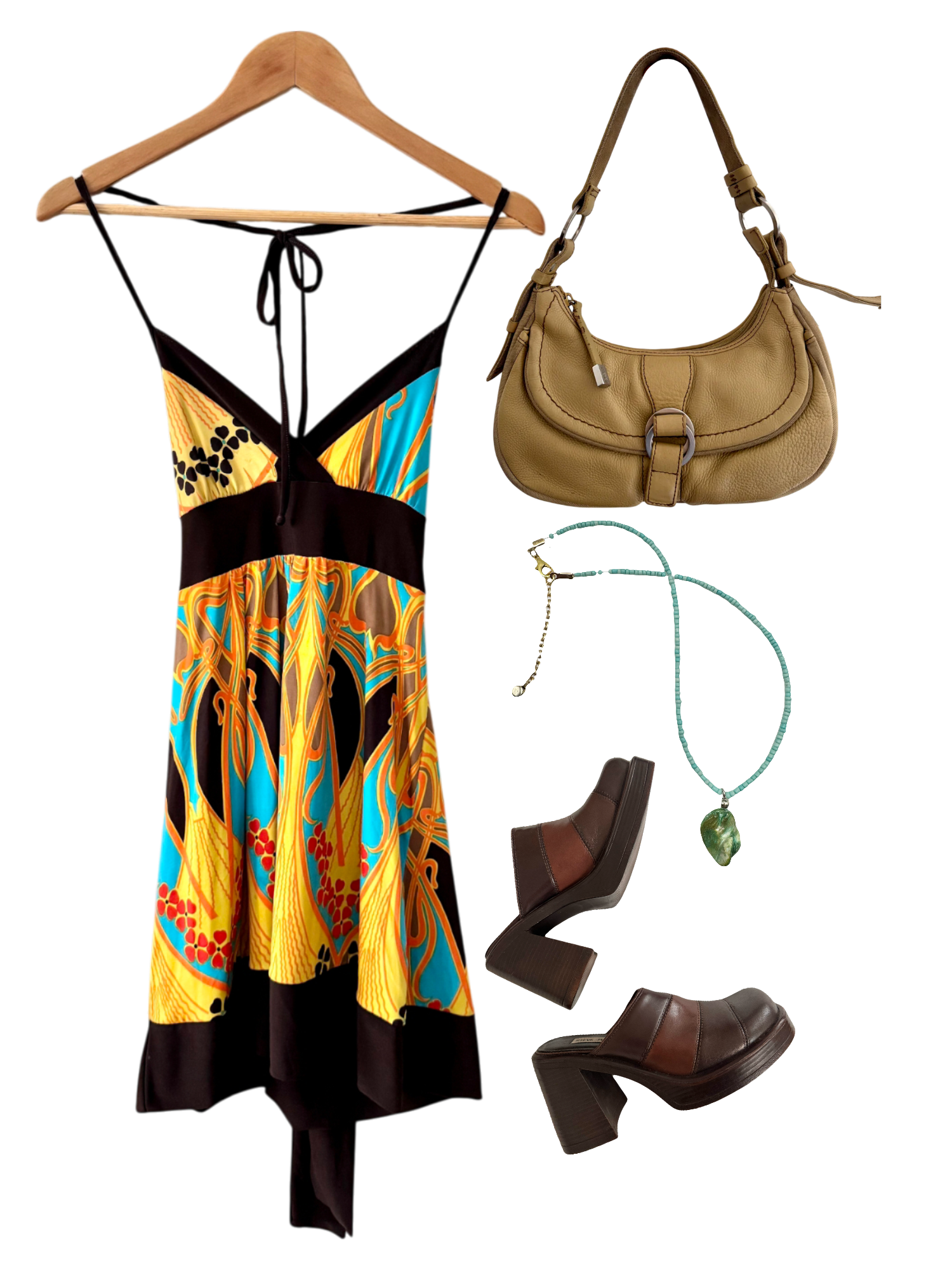 Vintage 90s Retro Print Halter Midi Dress (S)