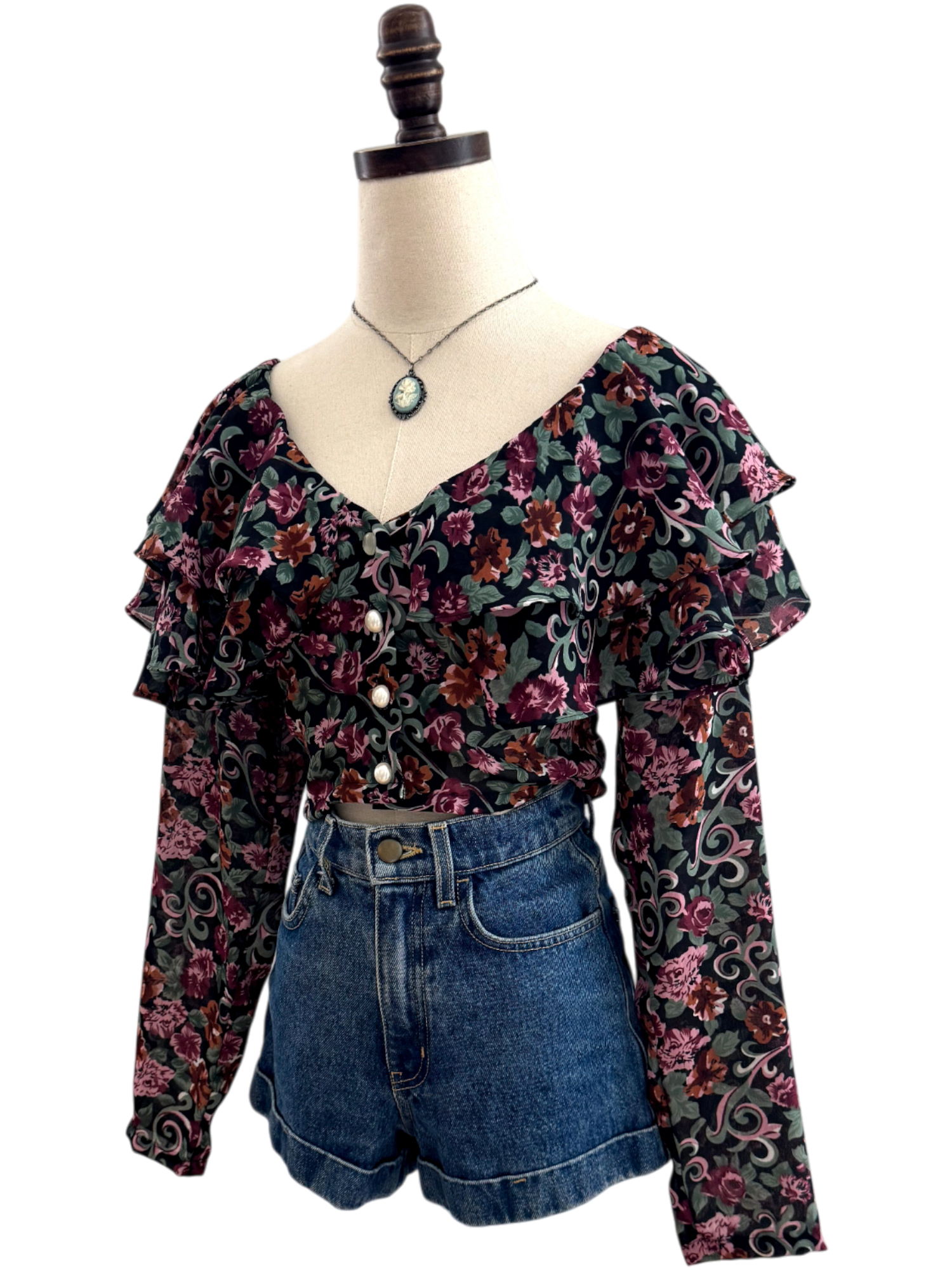 Vintage 90s Ruffled Cropped Floral Blouse (S)